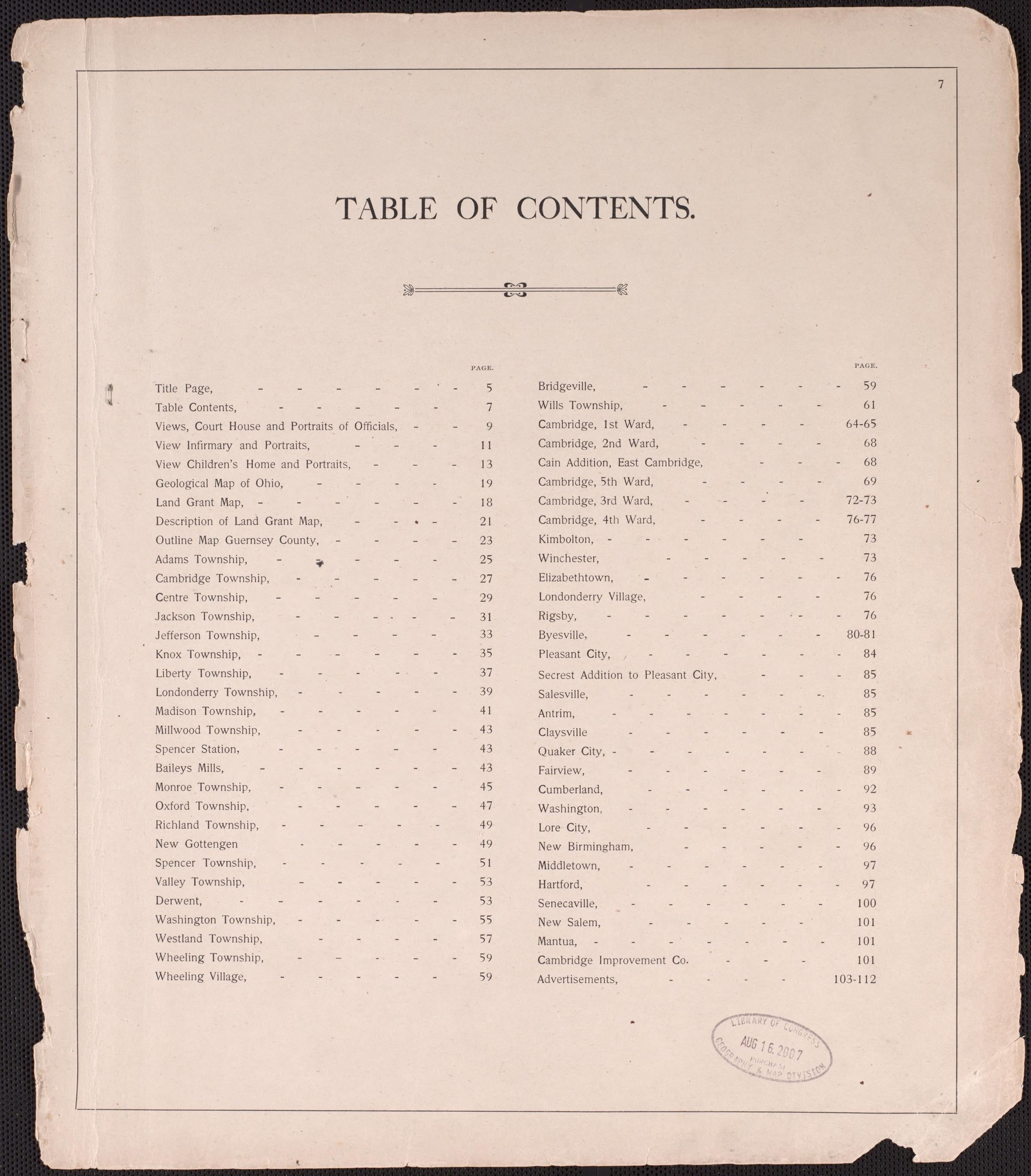 Table of Contents from Illustrated Atlas of Guernsey County, Ohio 1902 by Relic Map Company