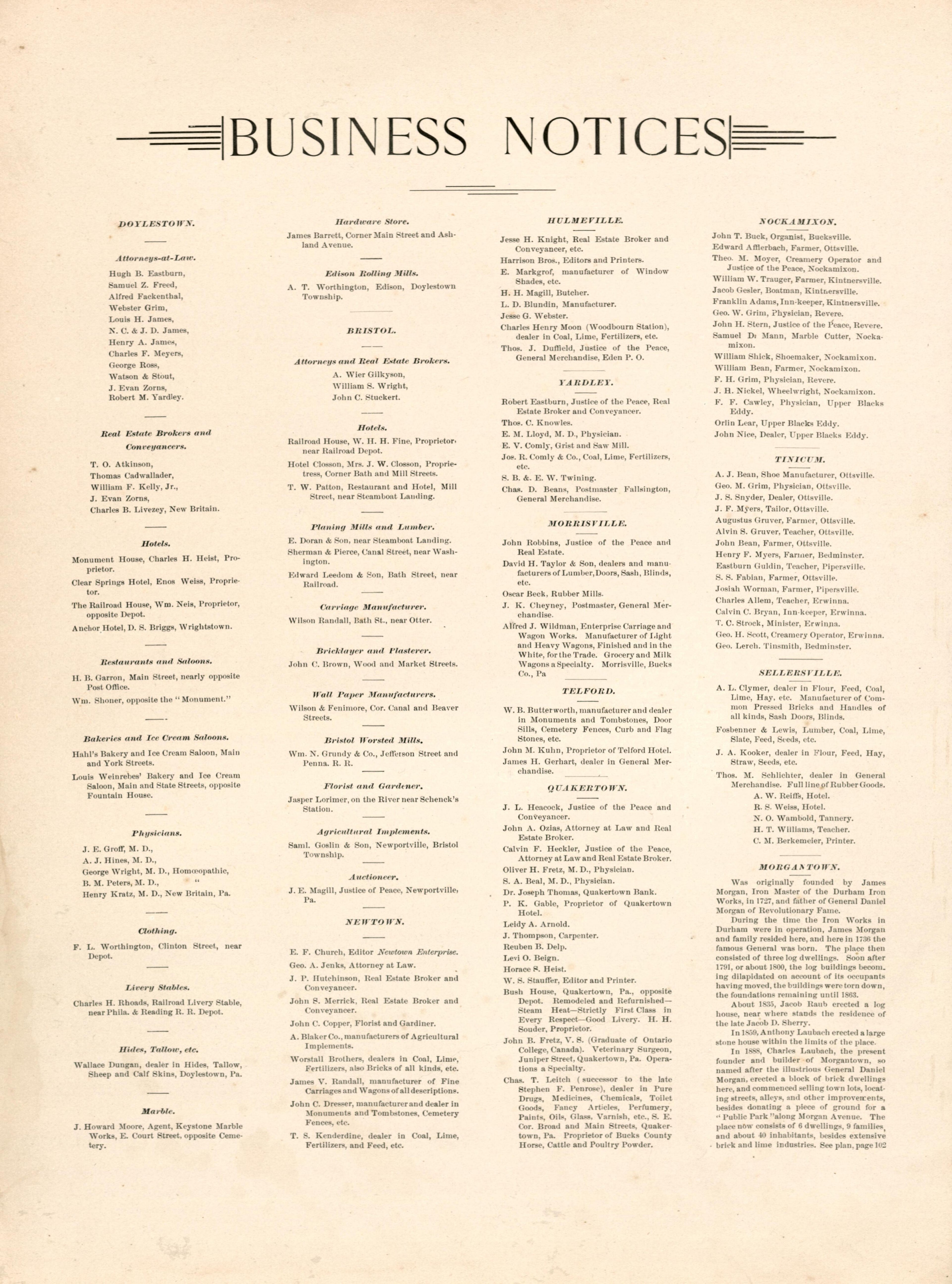 Business Notices from Atlas of Bucks County, Pennsylvania 1891 by Relic Map Company