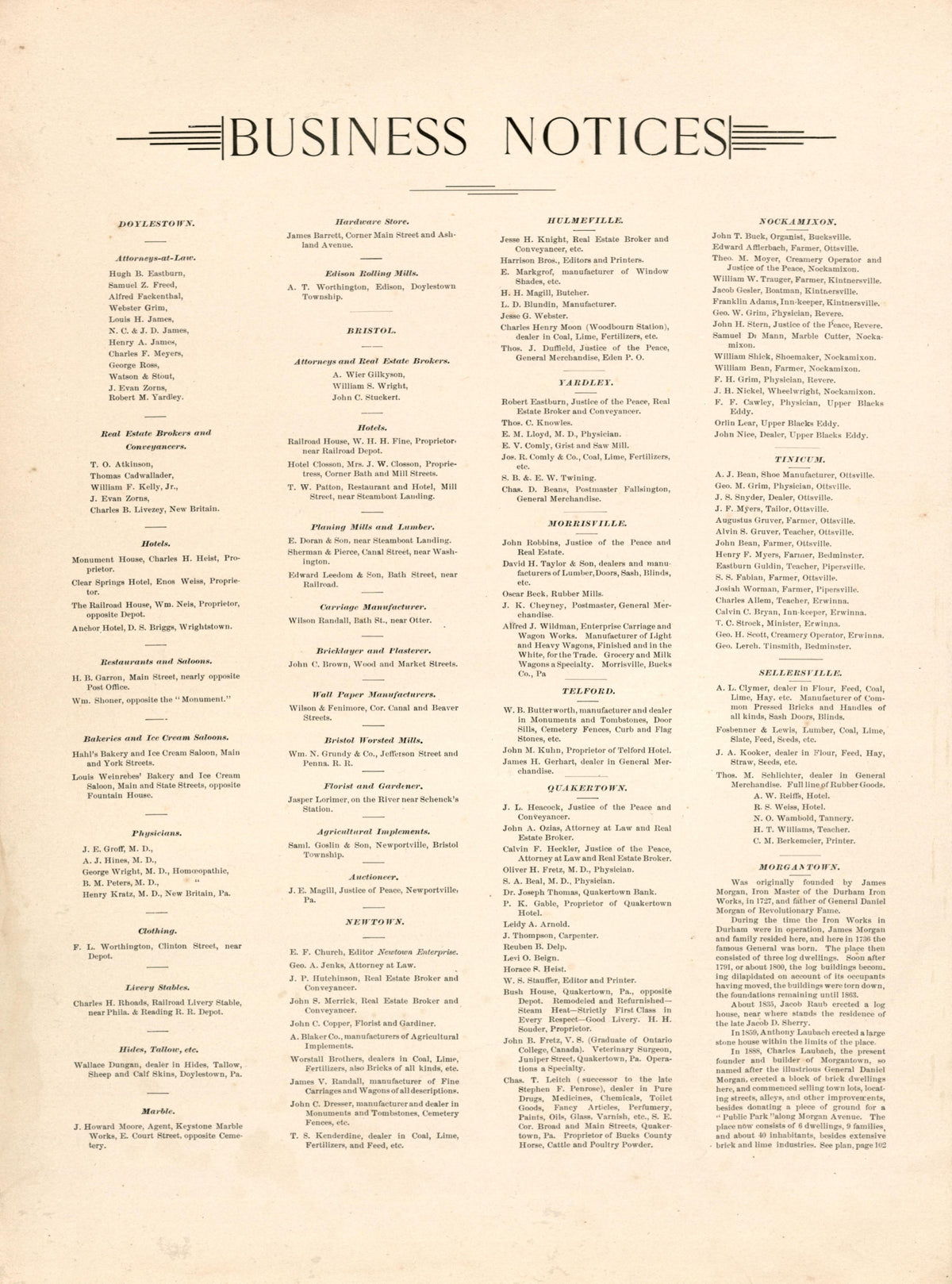 Business Notices from Atlas of Bucks County, Pennsylvania 1891 by Relic Map Company