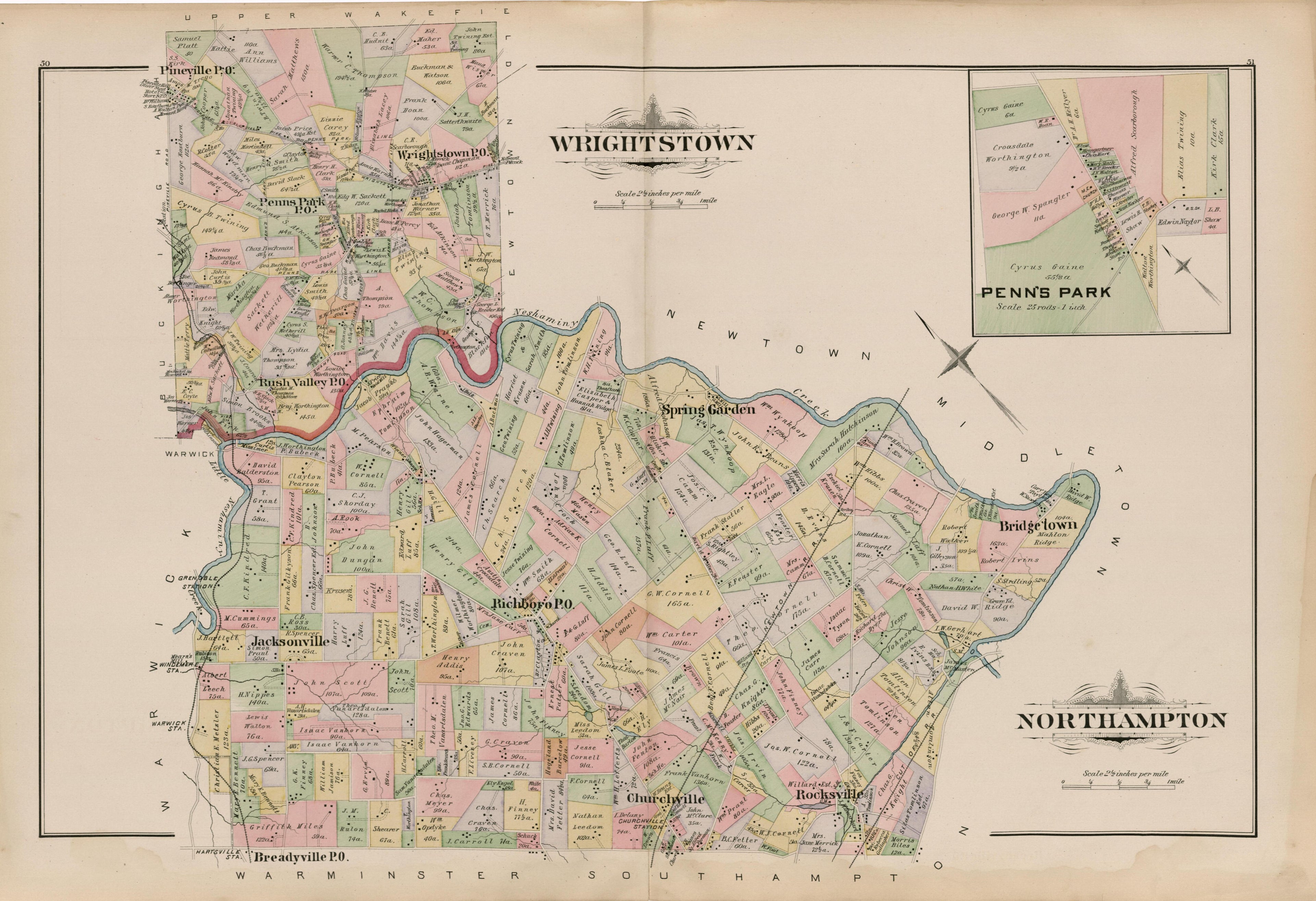 Wrightstown; Northhampton from Atlas of Bucks County, Pennsylvania 1891 by Relic Map Company