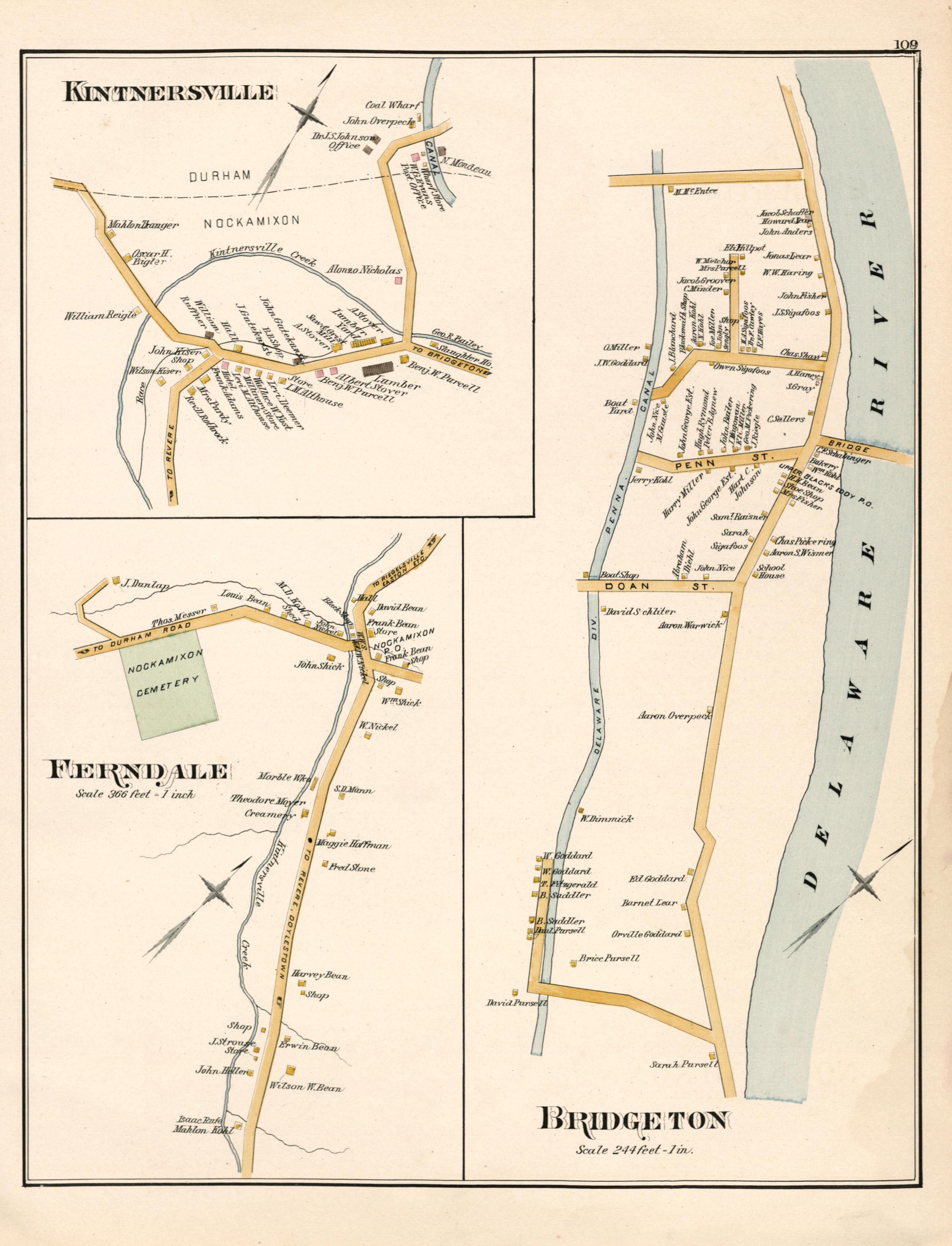 Kintnersville; Ferndale; Bridgeton from Atlas of Bucks County, Pennsylvania 1891 by Relic Map Company