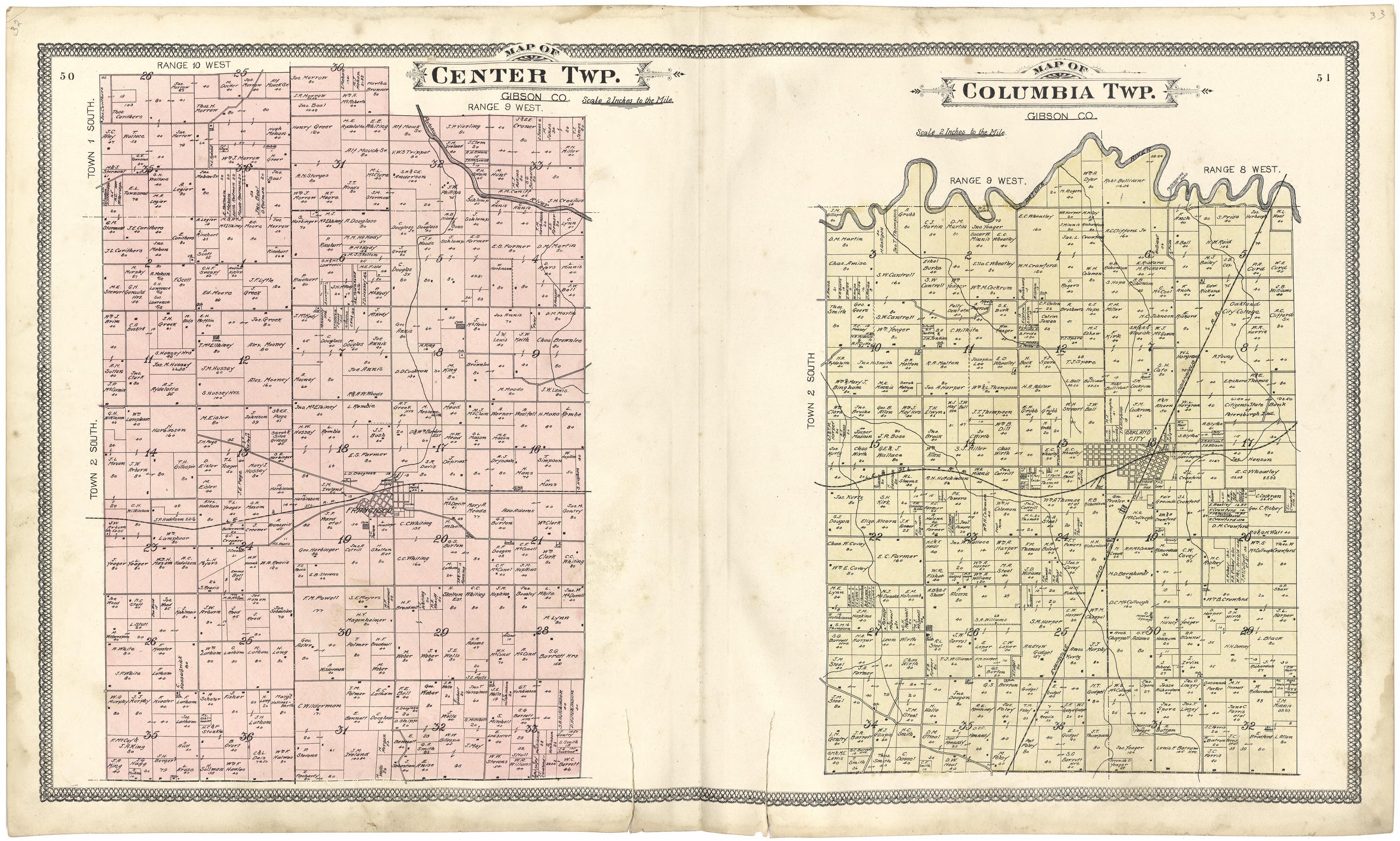 Map of Center Township; Map of Columbia Township from an Illustrated Standard Atlas of Gibson County, Indiana 1899 by Relic Map Company