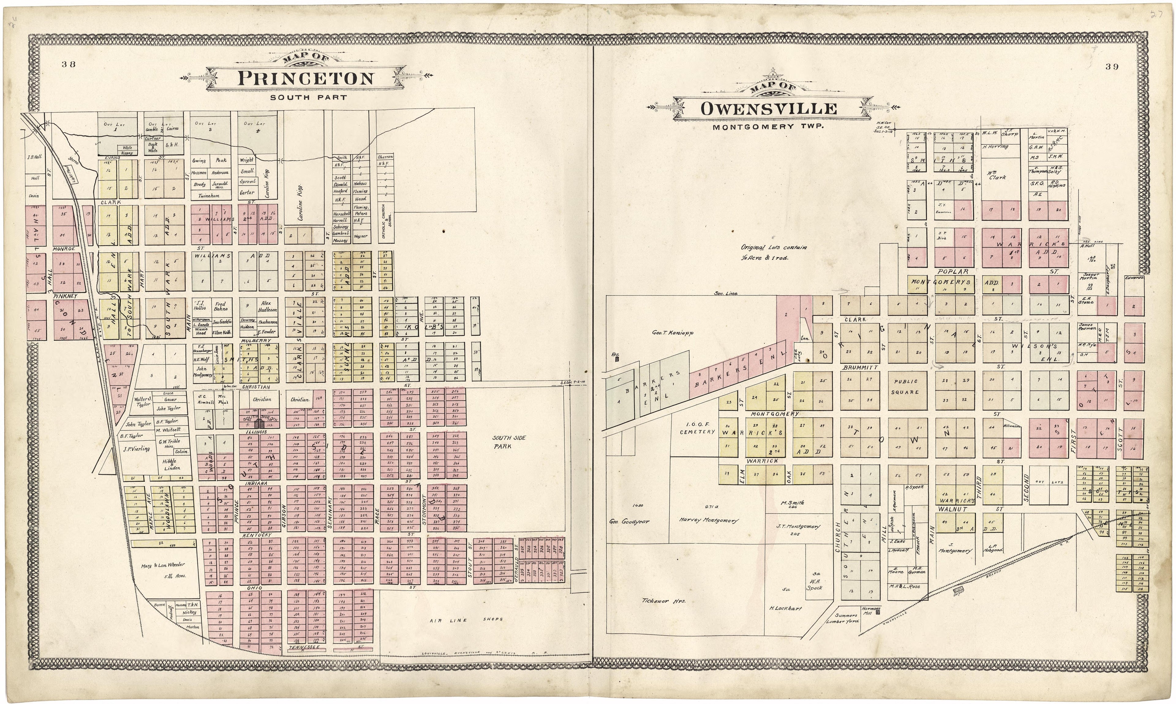 Map of Princeton South Part; Map of Owensville from an Illustrated Standard Atlas of Gibson County, Indiana 1899 by Relic Map Company