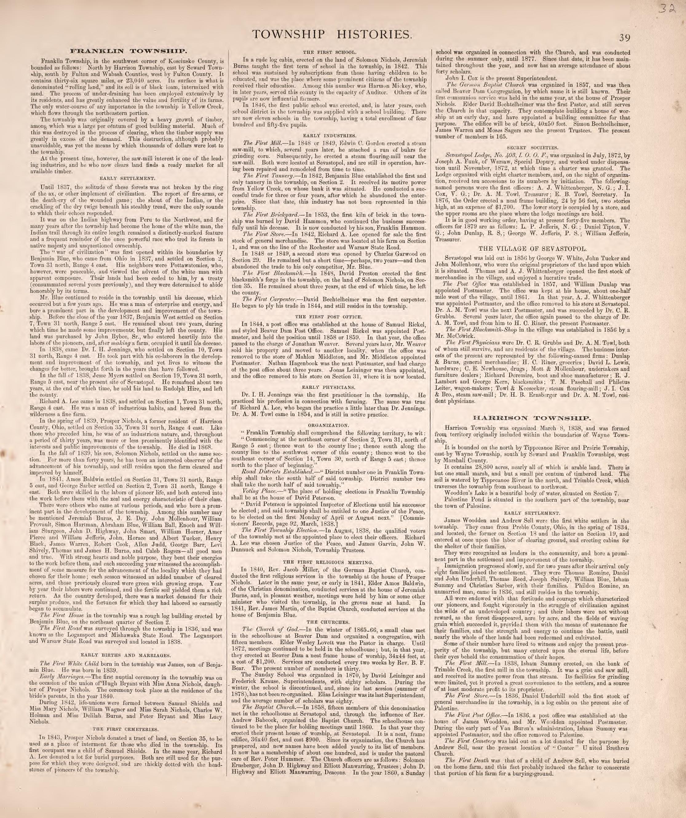 Township Histories (continued) from Combination Atlas Map of Kosciusko County, Indiana 1879 by Relic Map Company