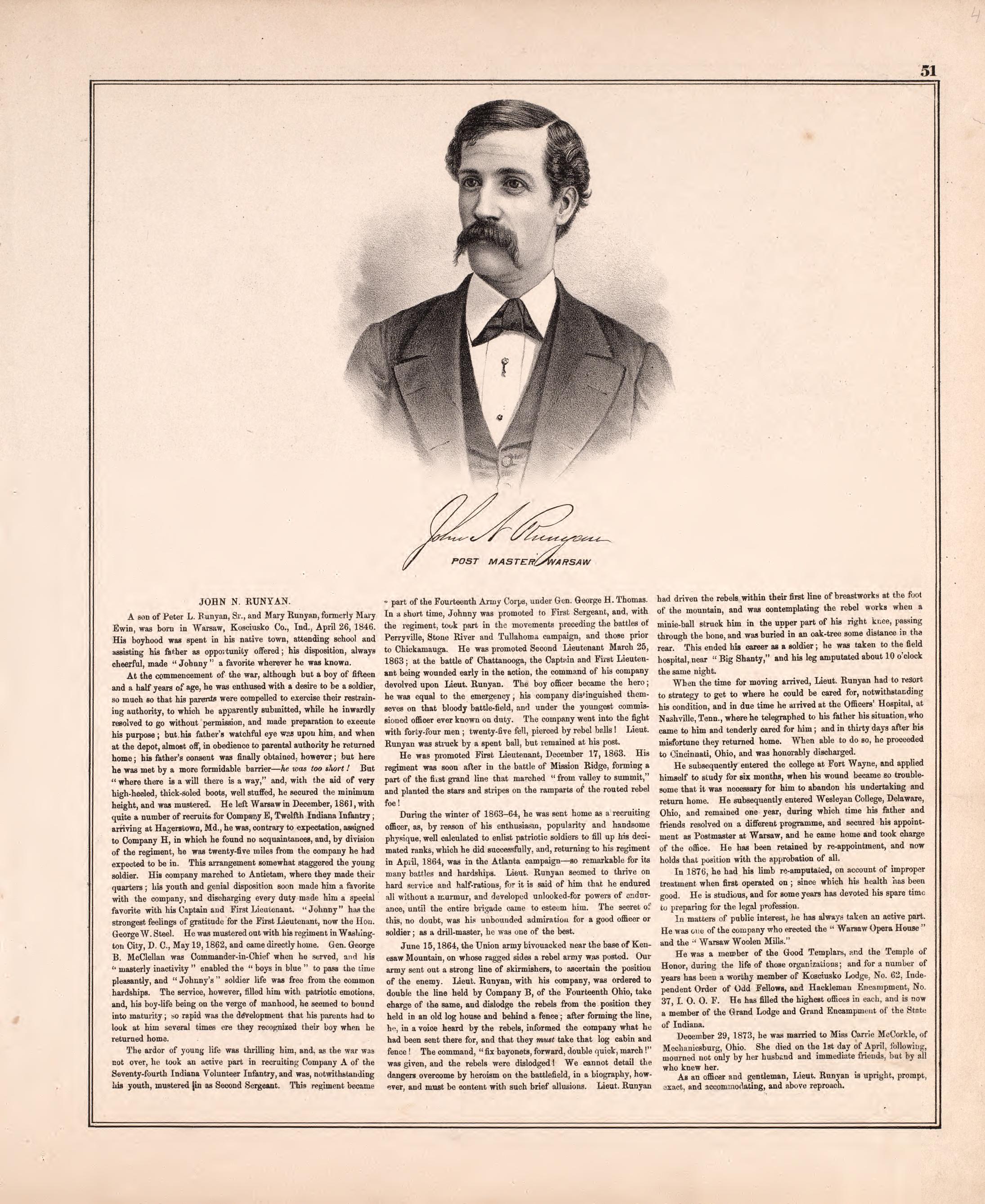 Sketch: John N. Runyan from Combination Atlas Map of Kosciusko County, Indiana 1879 by Relic Map Company
