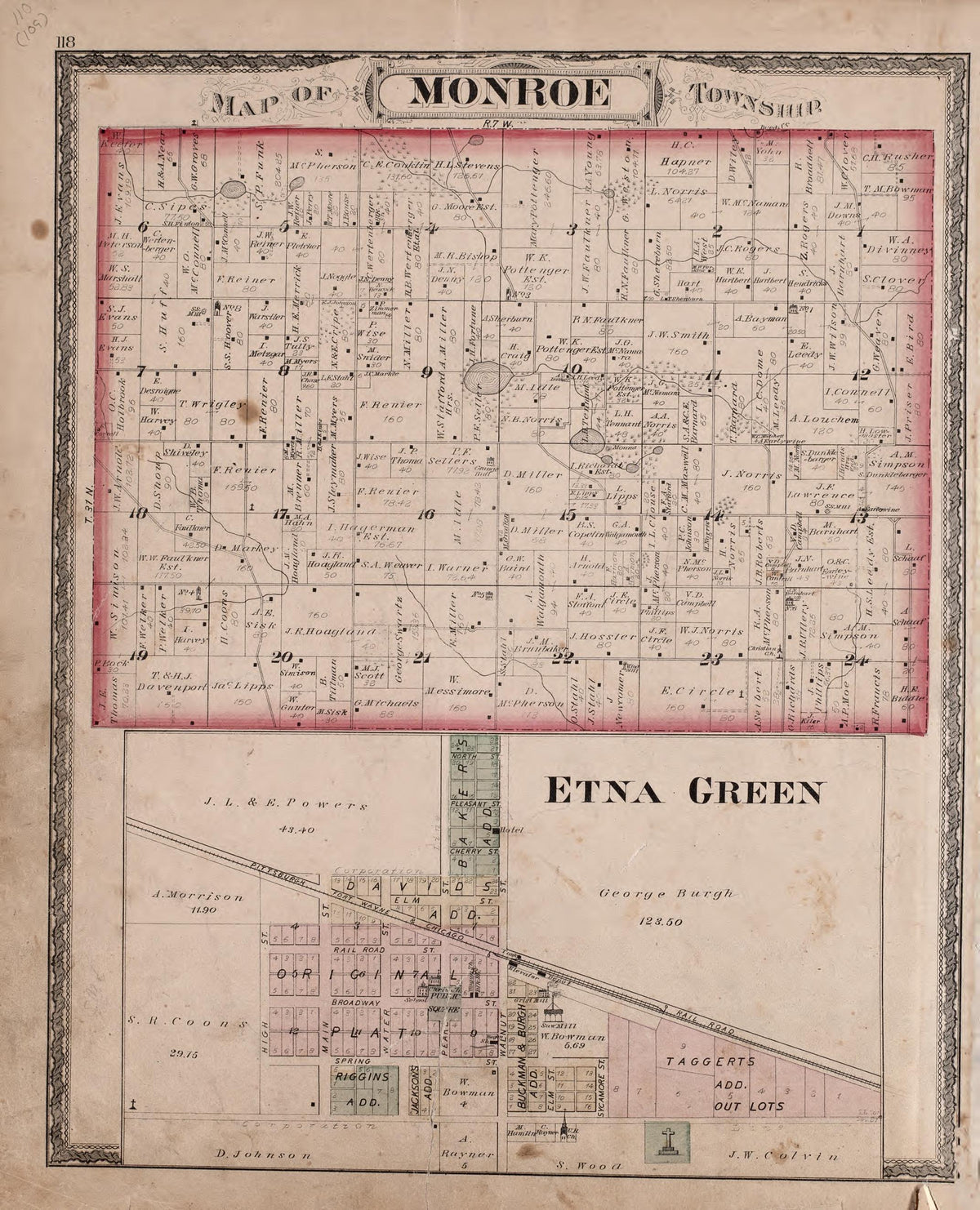Monroe Township and Etna Green Region from Combination Atlas Map of Kosciusko County, Indiana 1879 by Relic Map Company