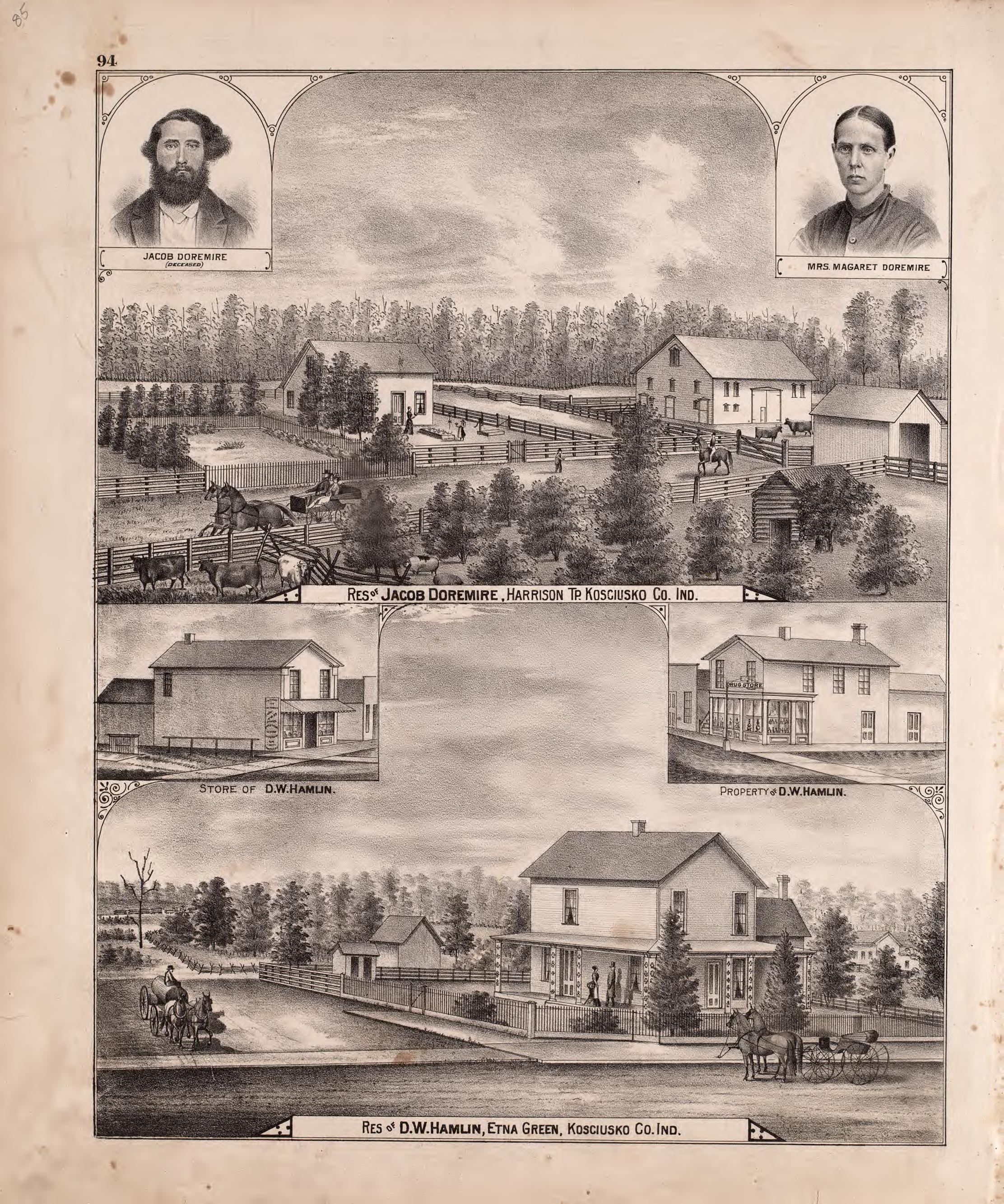 Multiple Residence Sketches (continued) from Combination Atlas Map of Kosciusko County, Indiana 1879 by Relic Map Company