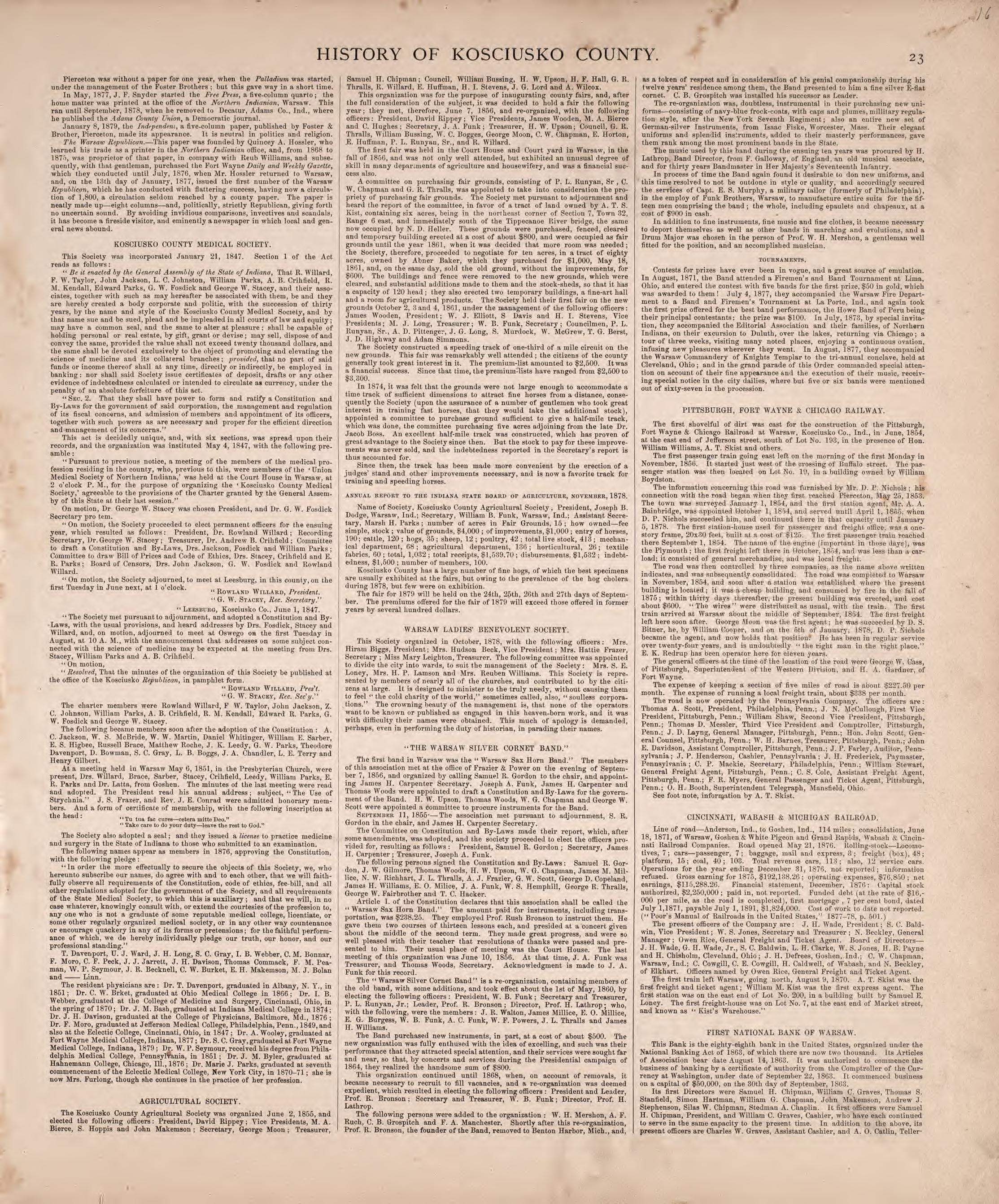 History of Kosciusko County (continued) from Combination Atlas Map of Kosciusko County, Indiana 1879 by Relic Map Company