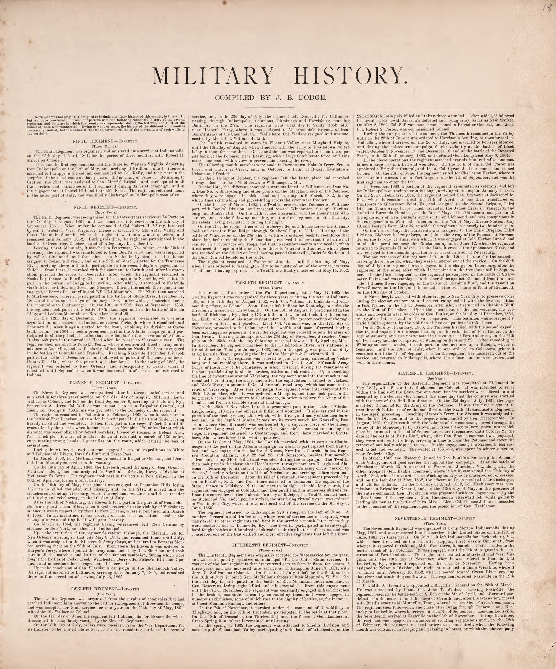 Military History from Combination Atlas Map of Kosciusko County, Indiana 1879 by Relic Map Company