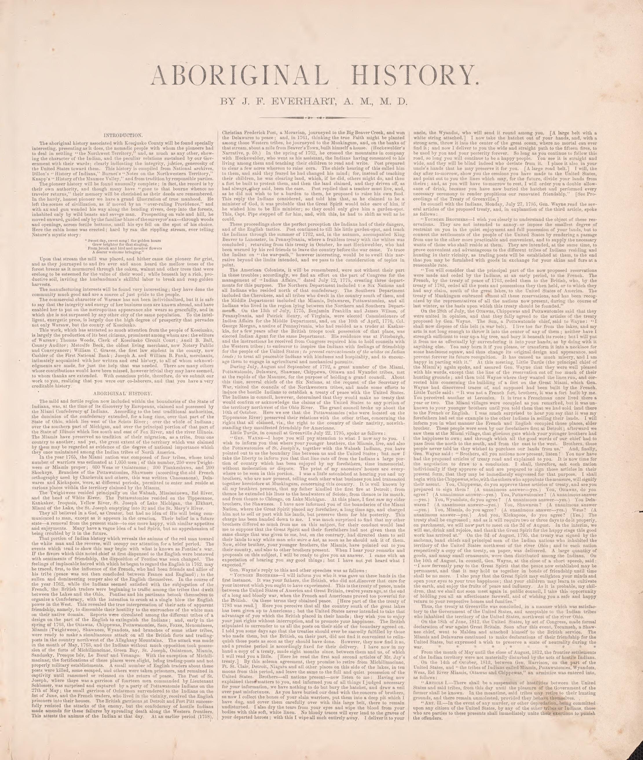 Aboriginal History from Combination Atlas Map of Kosciusko County, Indiana 1879 by Relic Map Company
