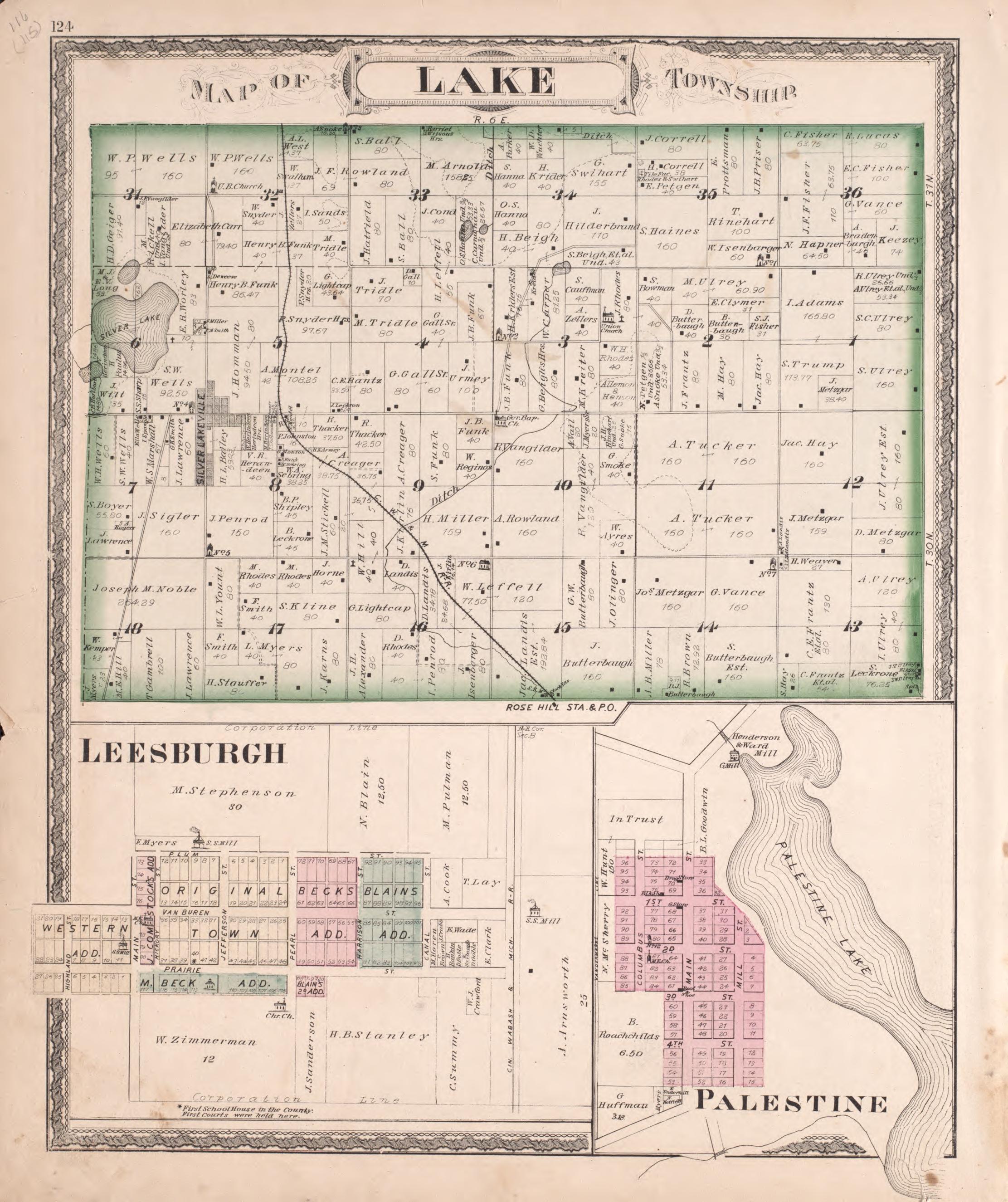 Lake, Leesburgh, & Palestine from Combination Atlas Map of Kosciusko County, Indiana 1879 by Relic Map Company