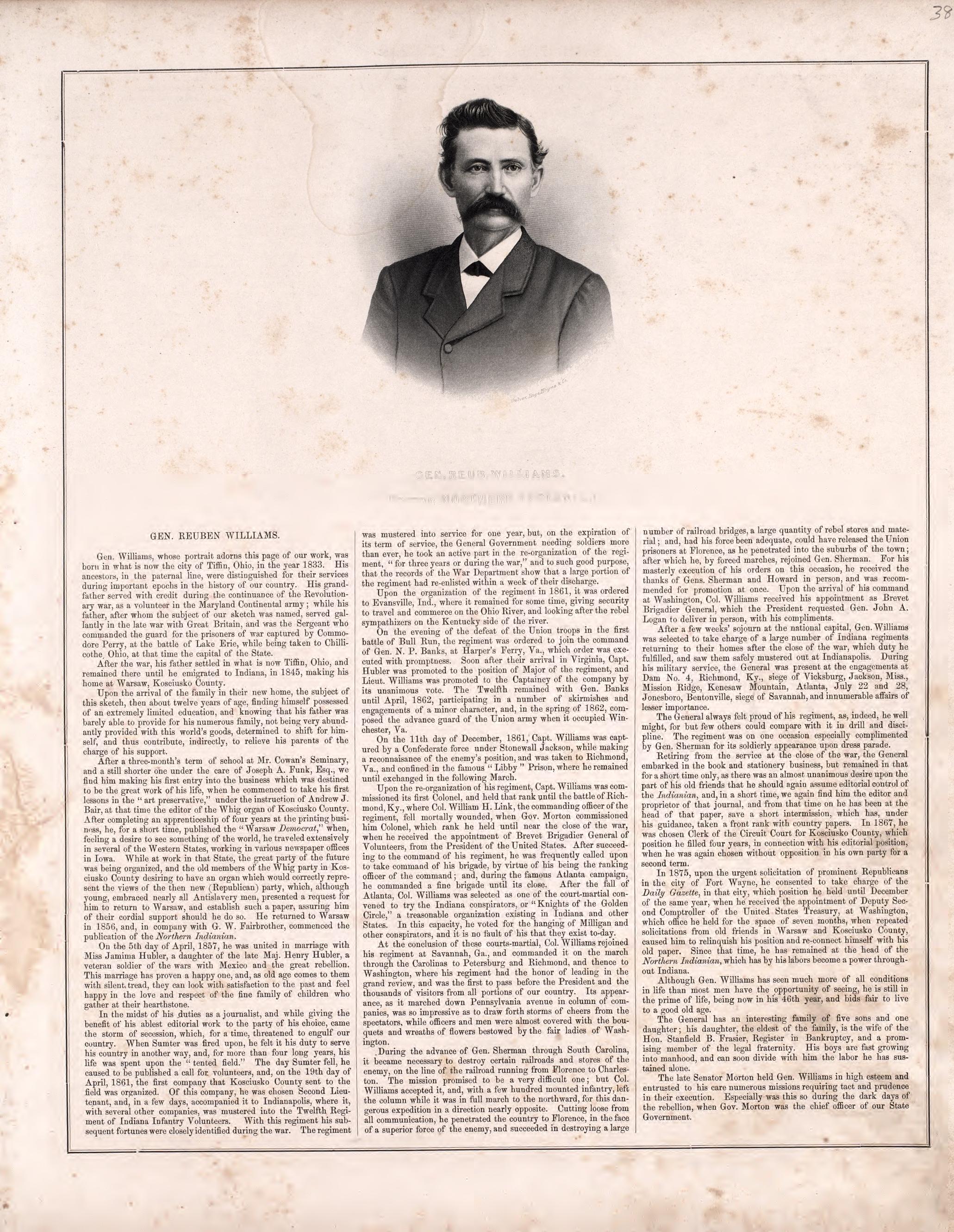 Gen. Reub. Williams; Editor, Northern Indianan from Combination Atlas Map of Kosciusko County, Indiana 1879 by Relic Map Company