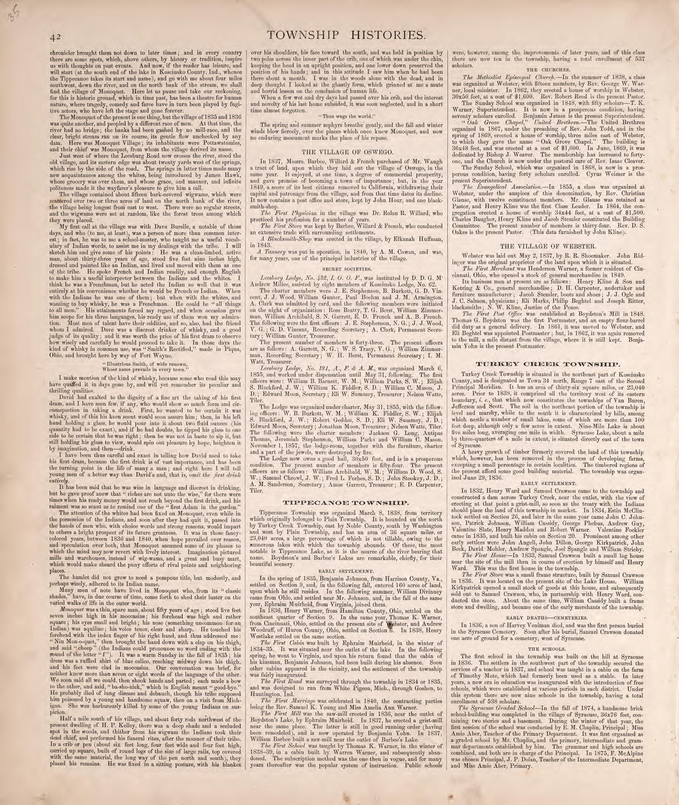 Township Histories (continued) from Combination Atlas Map of Kosciusko County, Indiana 1879 by Relic Map Company