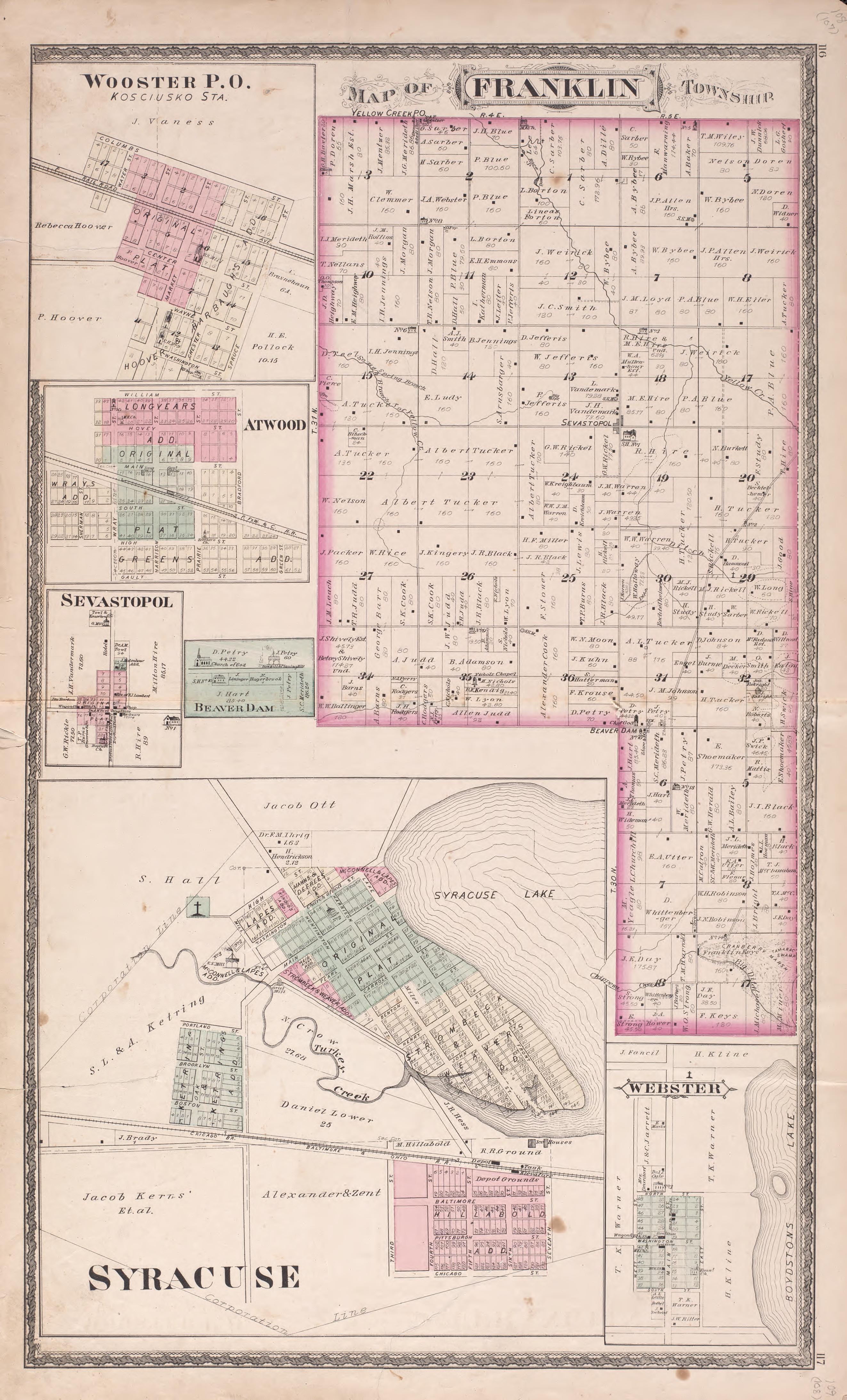 Franklin, Syracuse, & Other Regions from Combination Atlas Map of Kosciusko County, Indiana 1879 by Relic Map Company