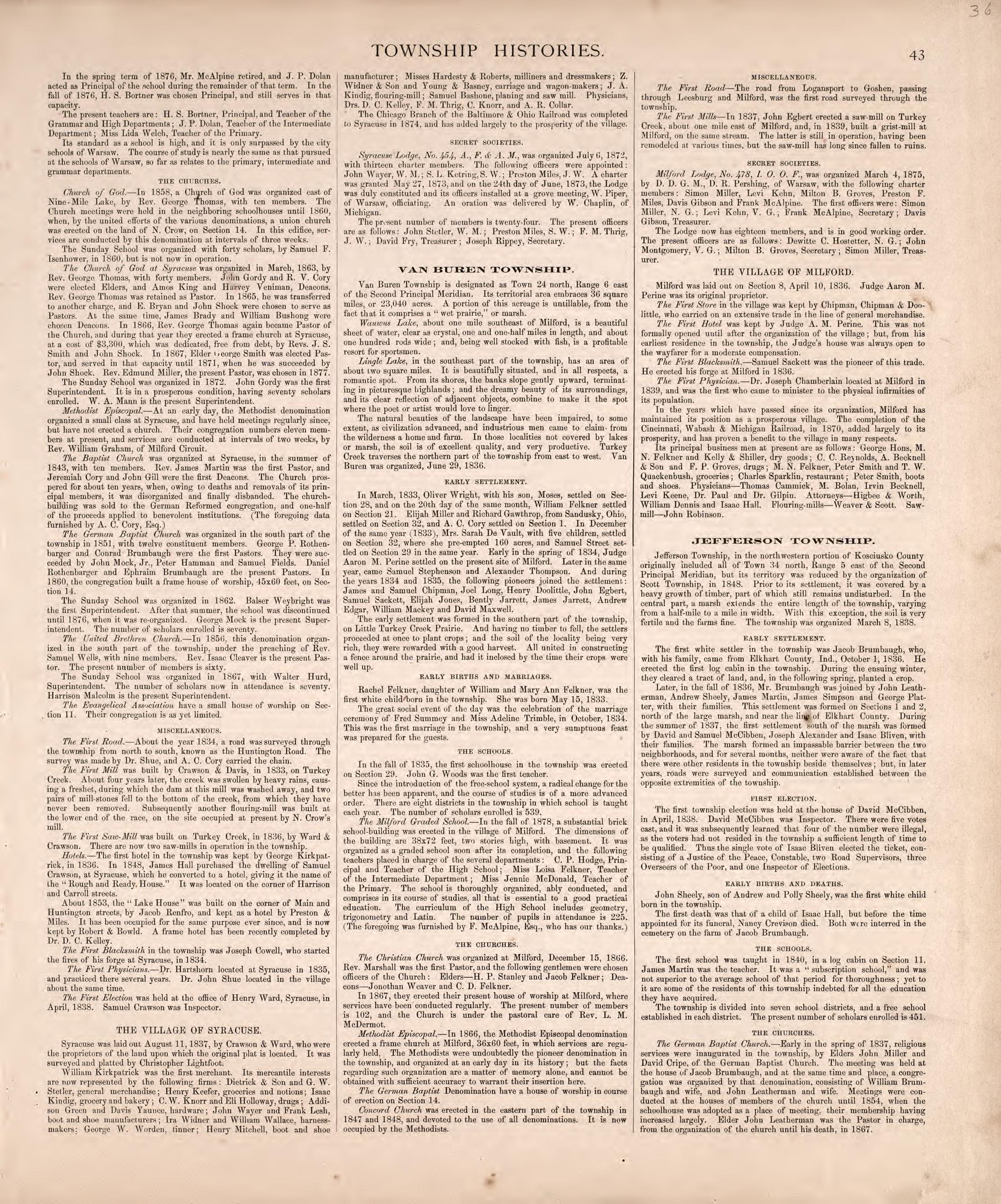 Township Histories (continued) from Combination Atlas Map of Kosciusko County, Indiana 1879 by Relic Map Company