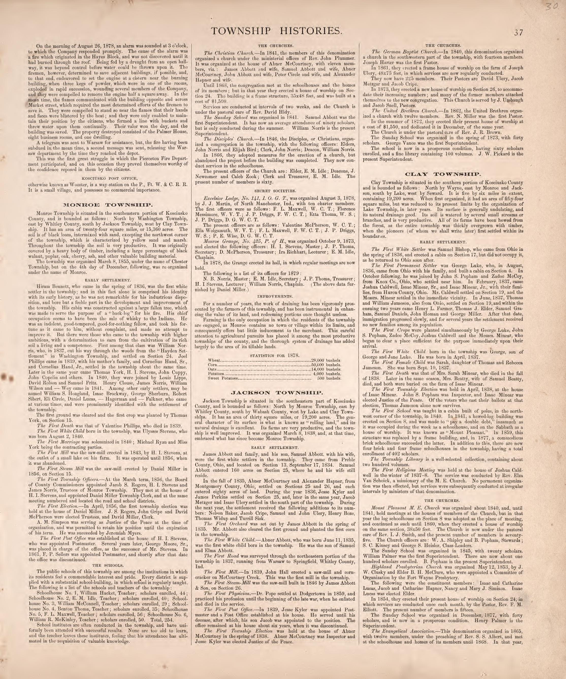 Township Histories (continued) from Combination Atlas Map of Kosciusko County, Indiana 1879 by Relic Map Company