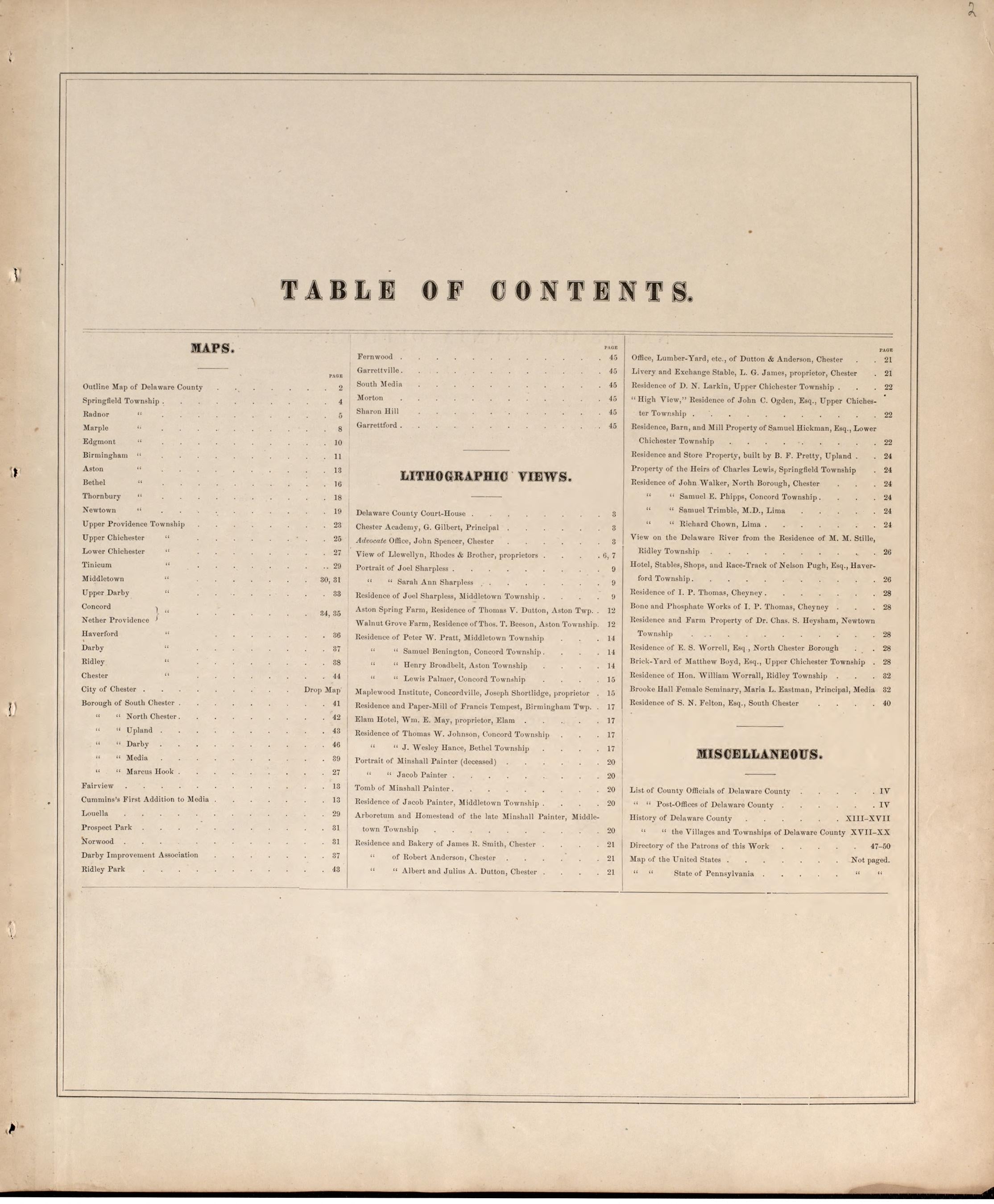 Names of County Officers/ List of Post Offices from Combination Atlas Map of Delaware County, Pennsylvania 1875 by Relic Map Company