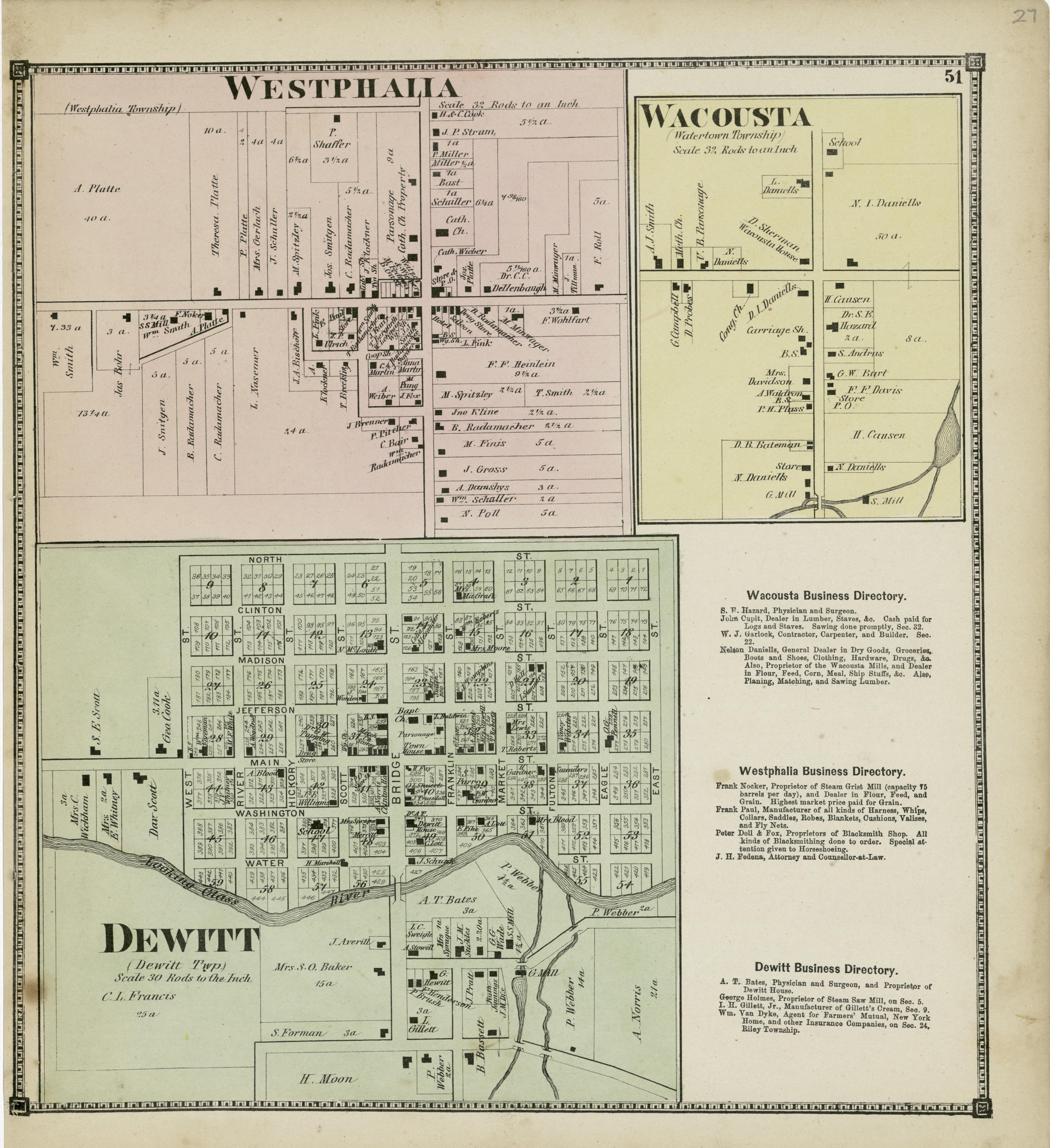 Westphalia; Wacousta; Dewitt from Atlas of Clinton County, Michigan 1873 by Relic Map Company