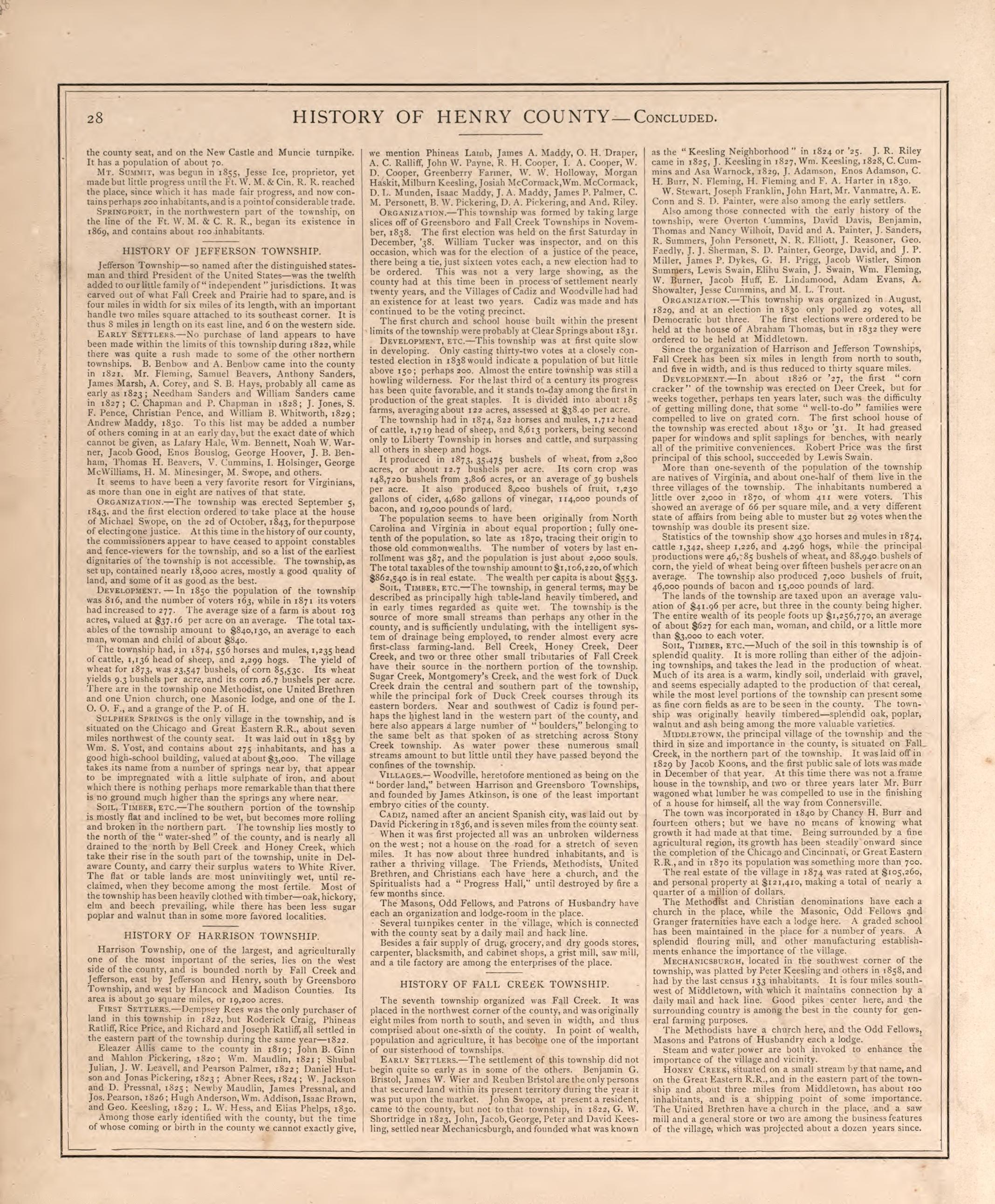 Township History of Henry County-continued from an Illustrated Historical Atlas of Henry County, Indiana 1875 by Relic Map Company