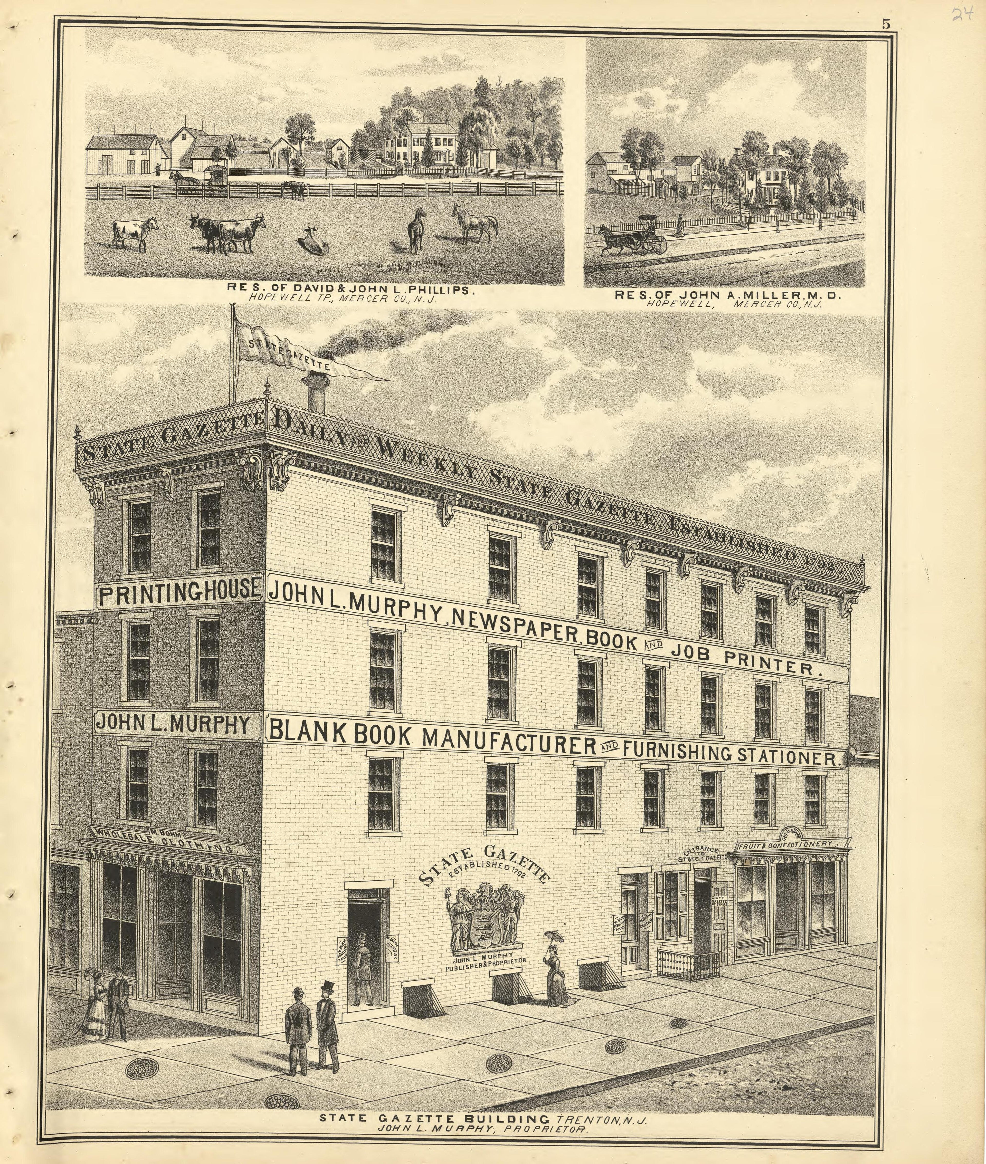 Residences: Phillips & Miller, and State Gazette Building from Combination Atlas Map of Mercer County, New Jersey 1875 by Relic Map Company