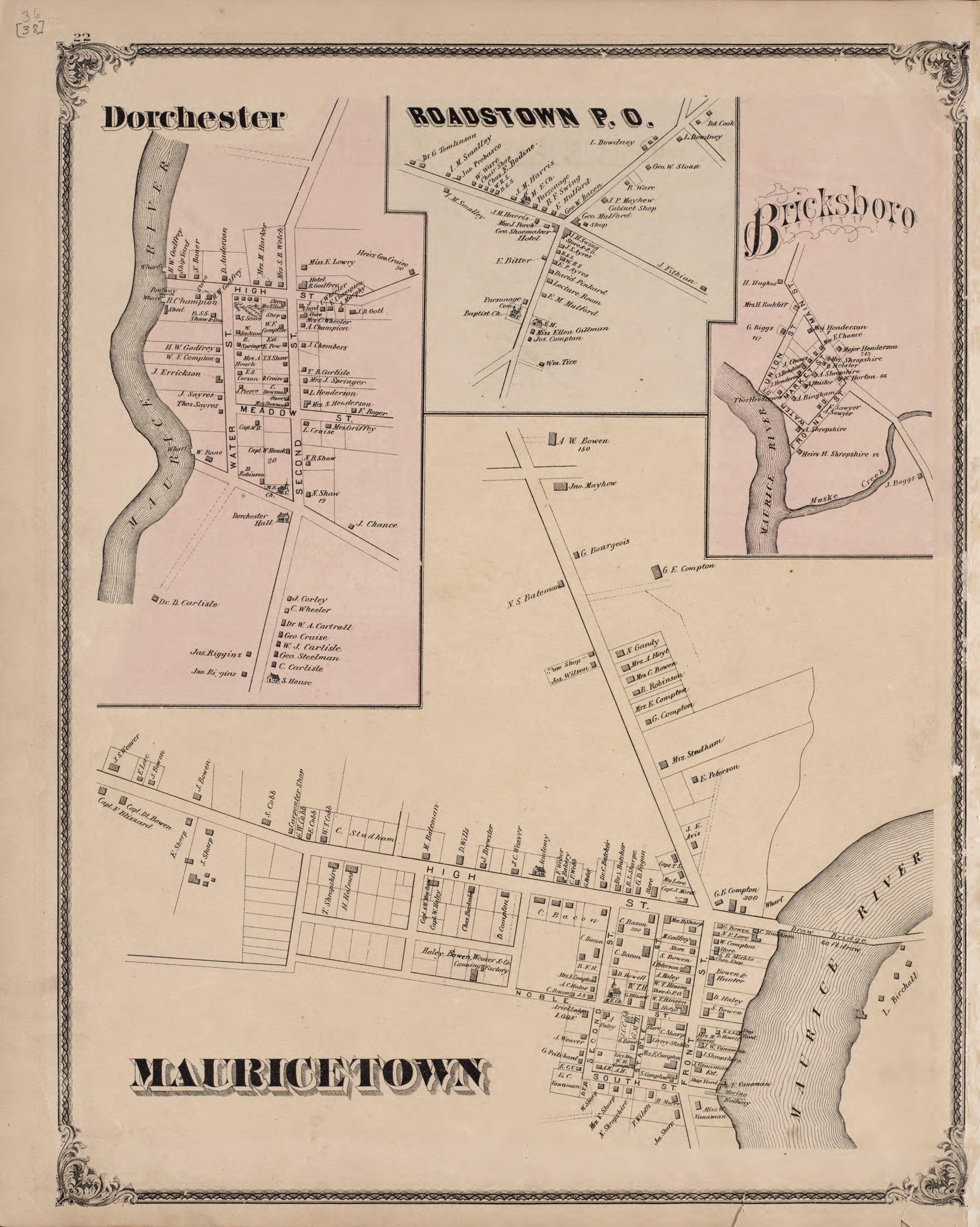 Dorchester, Roadstown P.O., Bricksboro, Mauricetown from Combination Atlas Map of Cumberland County, New Jersey 1876 by Relic Map Company