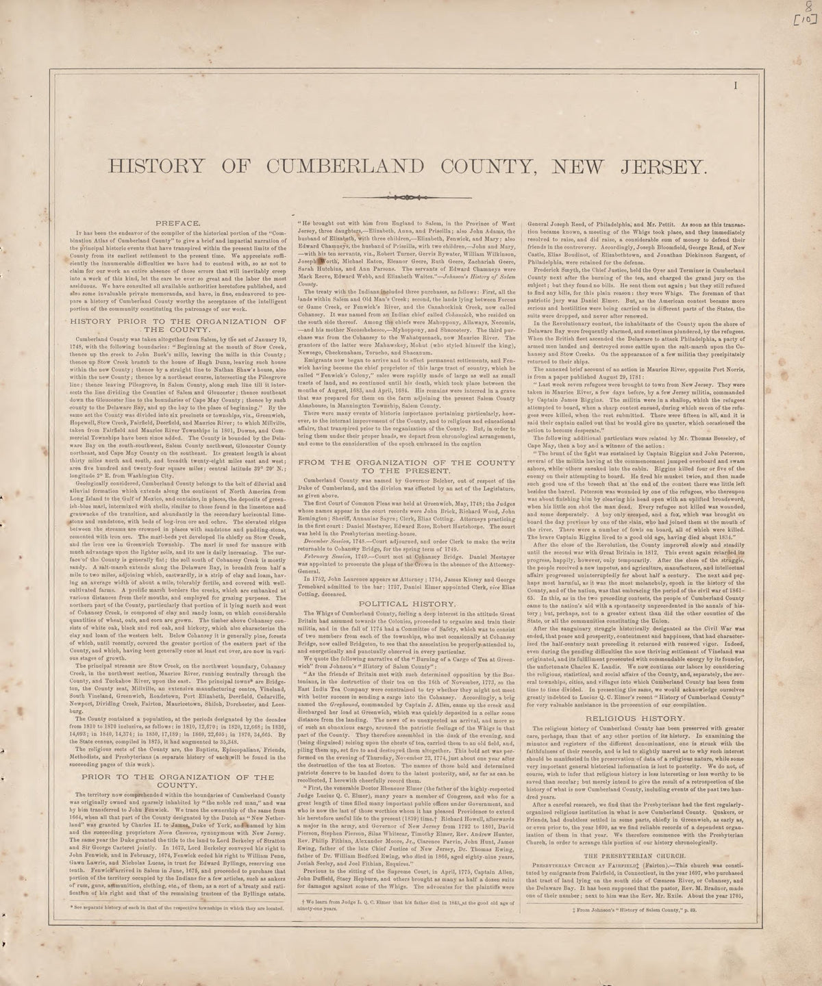History of County - 1 from Combination Atlas Map of Cumberland County, New Jersey 1876 by Relic Map Company