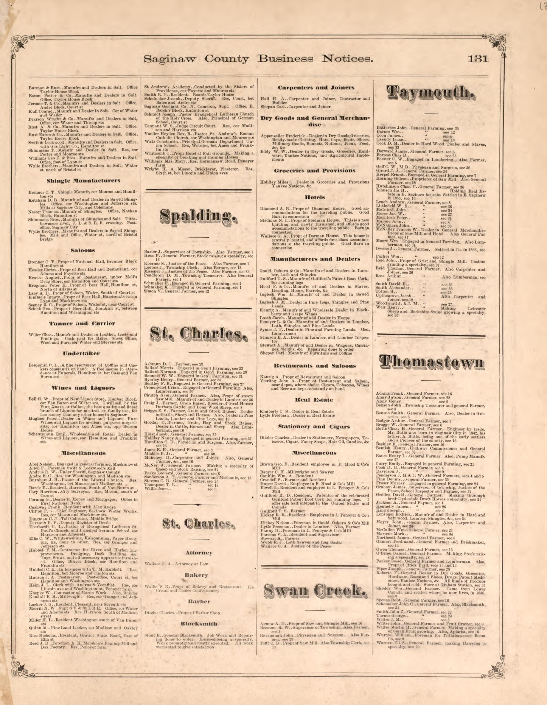 Business Notices, P. 7 from Atlas of Saginaw County, Michigan : from Recent and Actual Surveys and Records 1877 by Relic Map Company