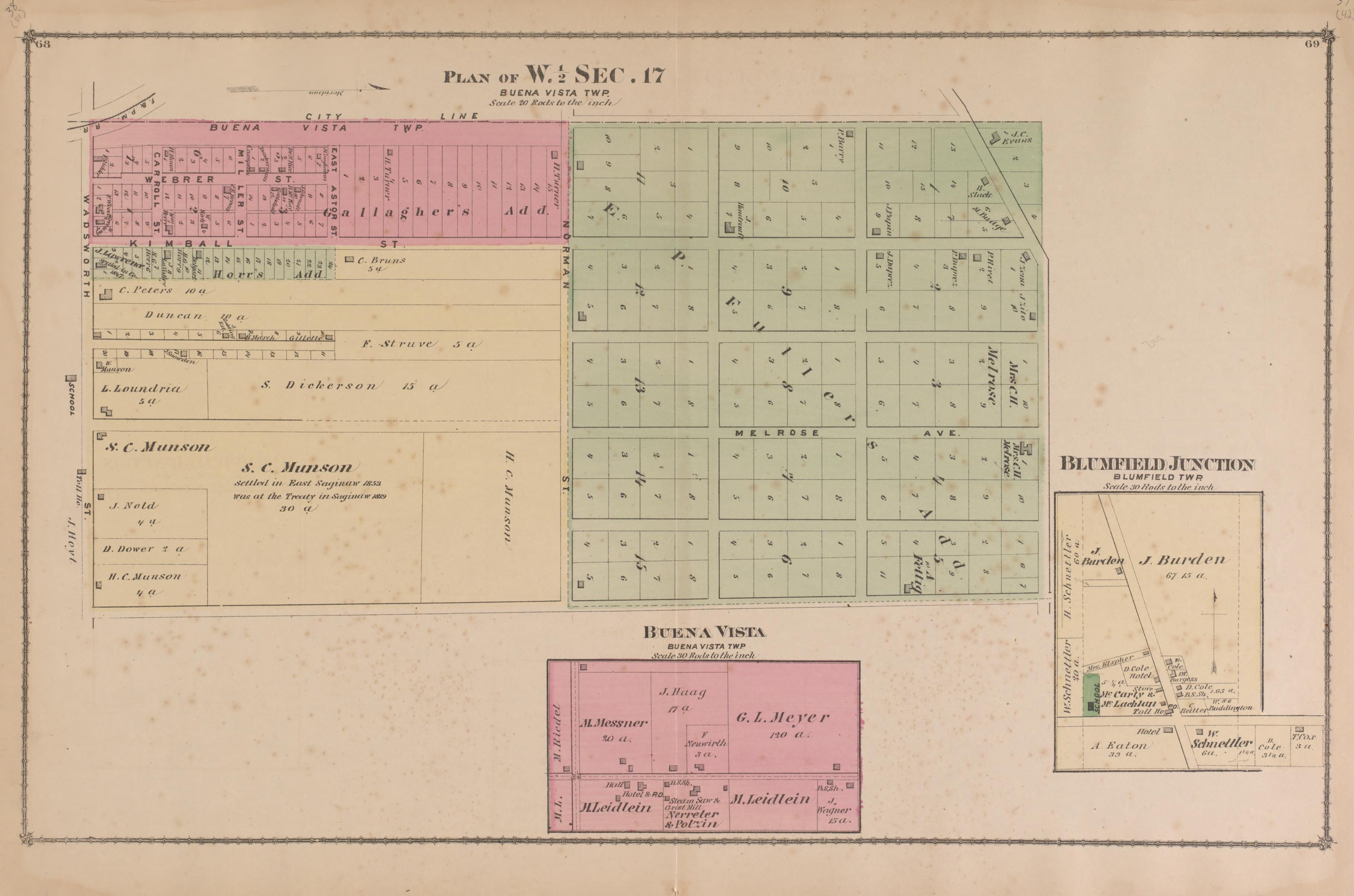 Plan of West 1/2 Sec. 17, Buena Vista, Blumfield Junction from Atlas of Saginaw County, Michigan : from Recent and Actual Surveys and Records 1877 by Relic Map Company