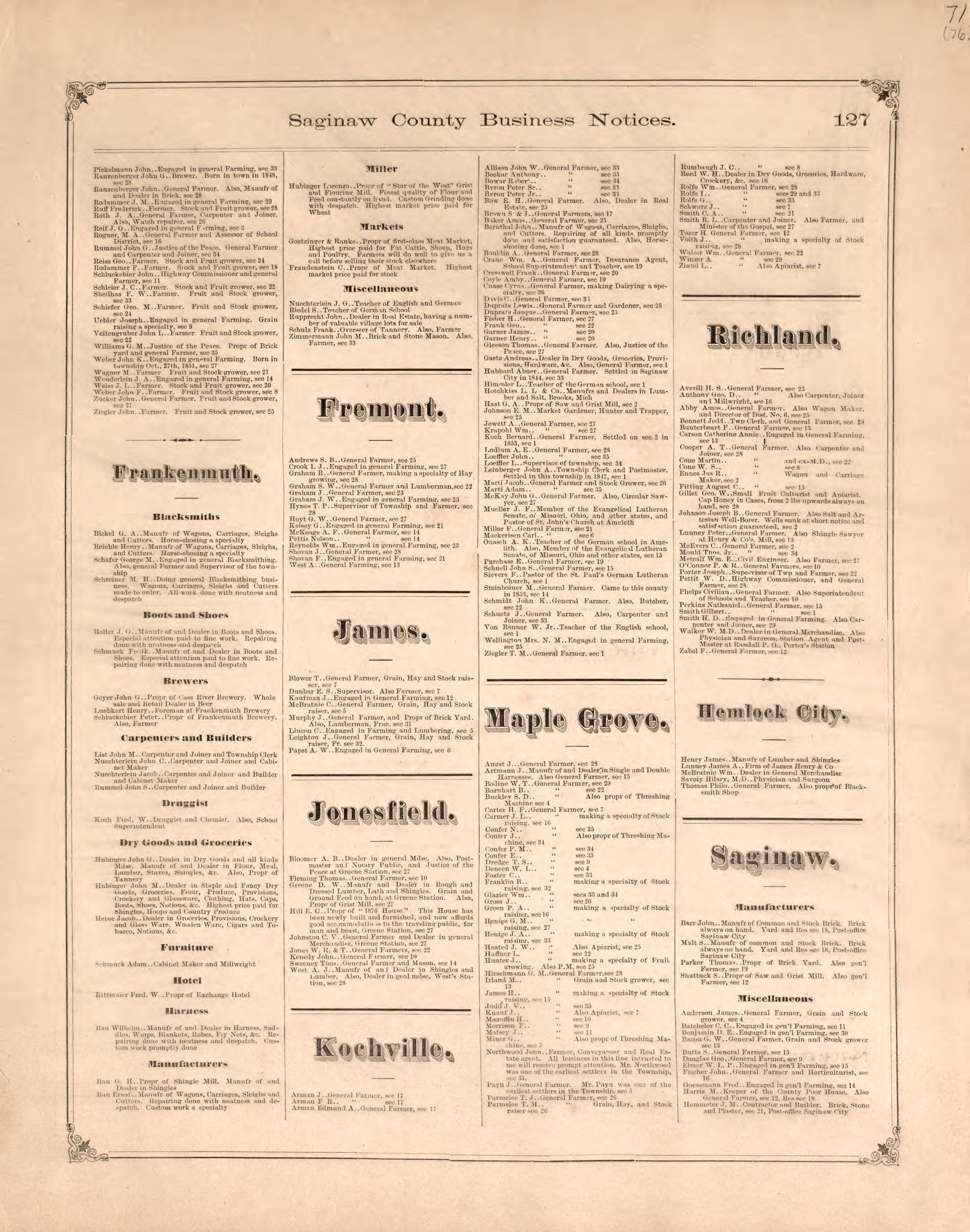 Business Notices, P. 3 from Atlas of Saginaw County, Michigan : from Recent and Actual Surveys and Records 1877 by Relic Map Company