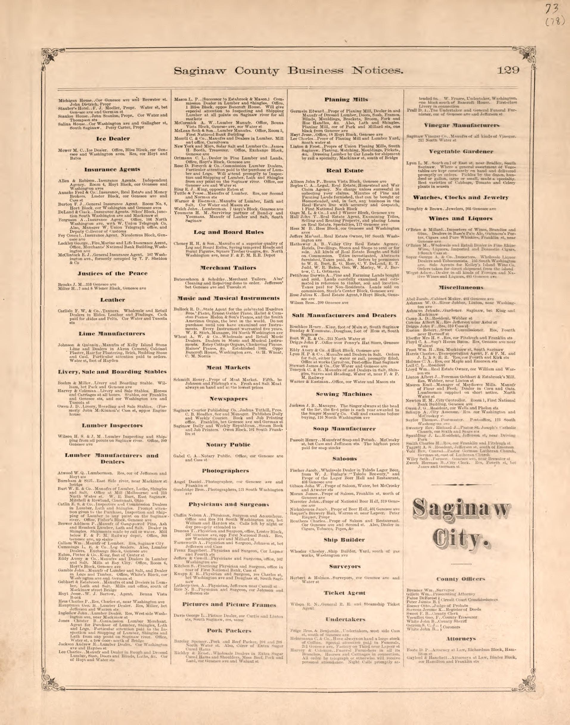 Business Notices, P. 5 from Atlas of Saginaw County, Michigan : from Recent and Actual Surveys and Records 1877 by Relic Map Company
