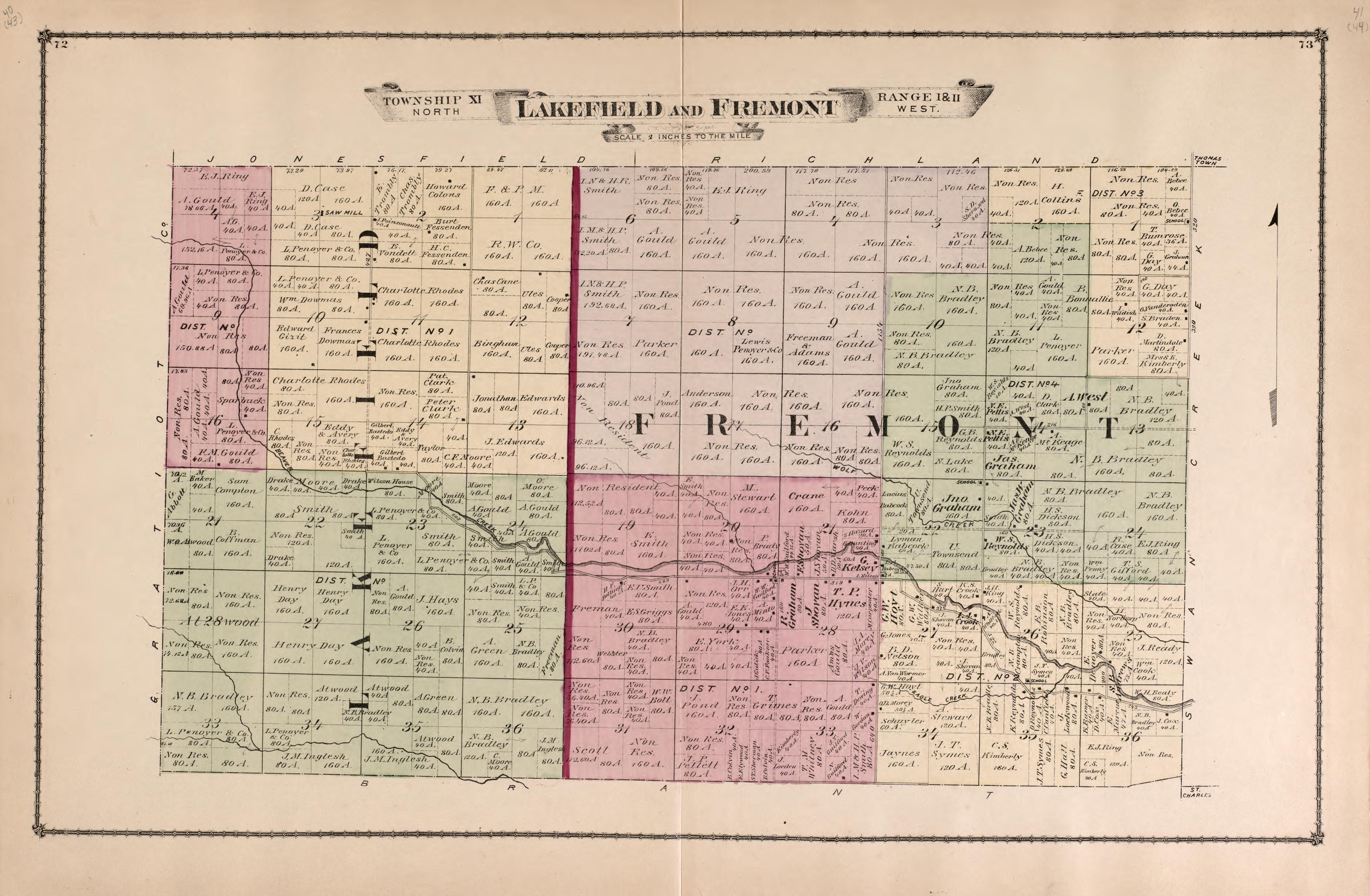 Lakefield and Fremont Townships from Atlas of Saginaw County, Michigan : from Recent and Actual Surveys and Records 1877 by Relic Map Company