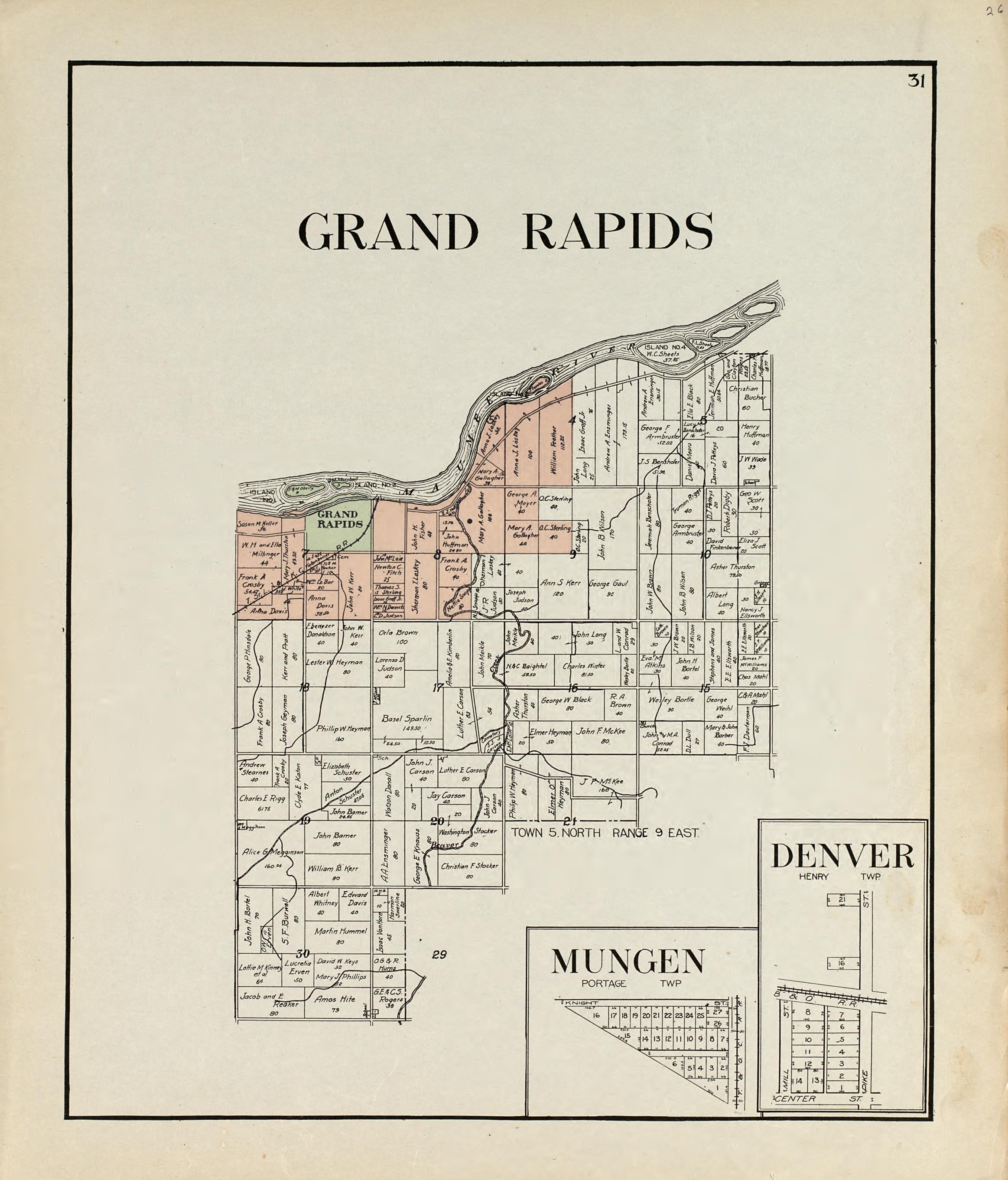 Grand Rapids; Mungen; Denver from an Atlas of Wood County, Ohio 1912 by Relic Map Company