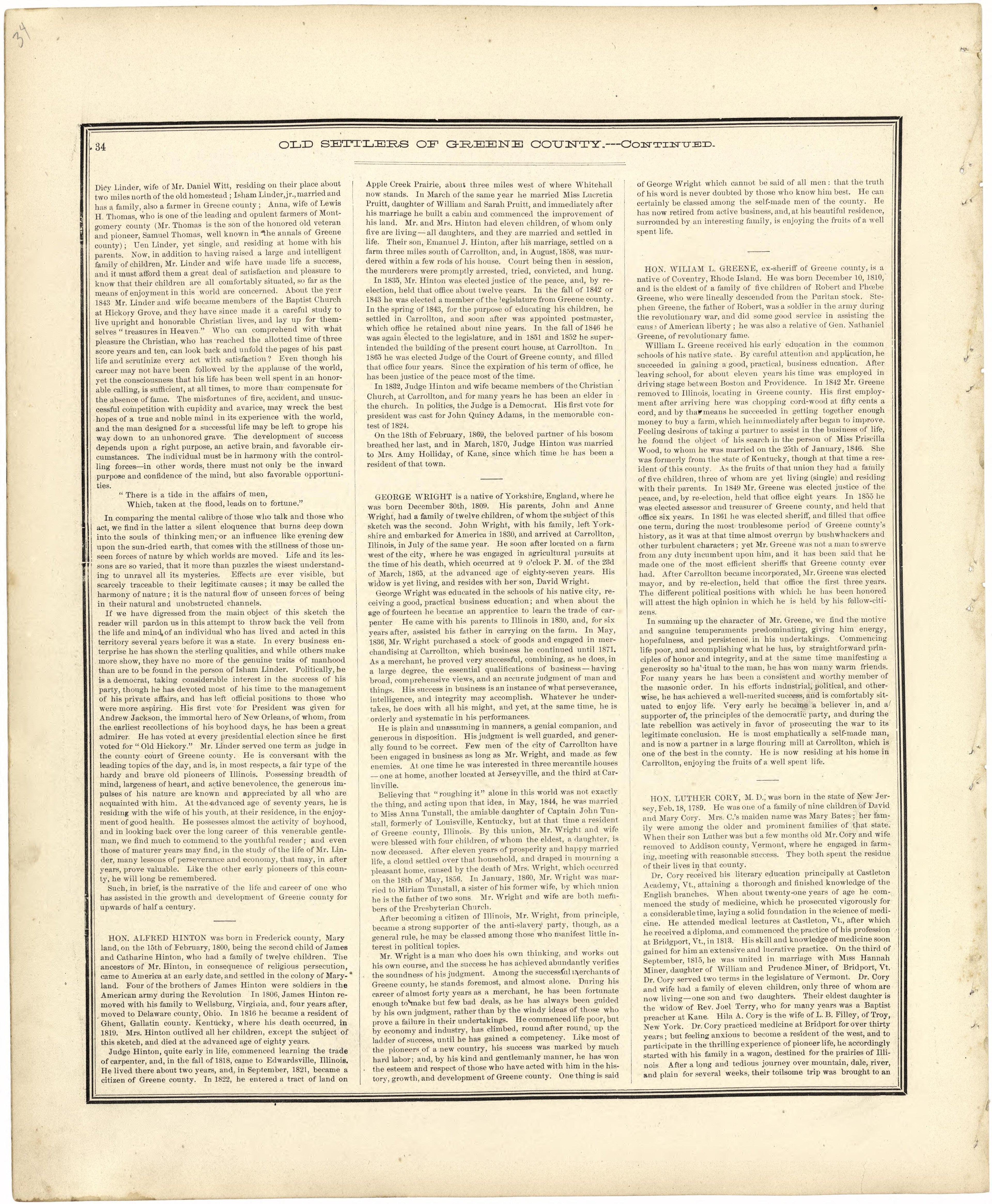 Old Settlers of Greene County, Illinois -- Continued from Atlas Map of Greene County, Illinois 1873 by Relic Map Company