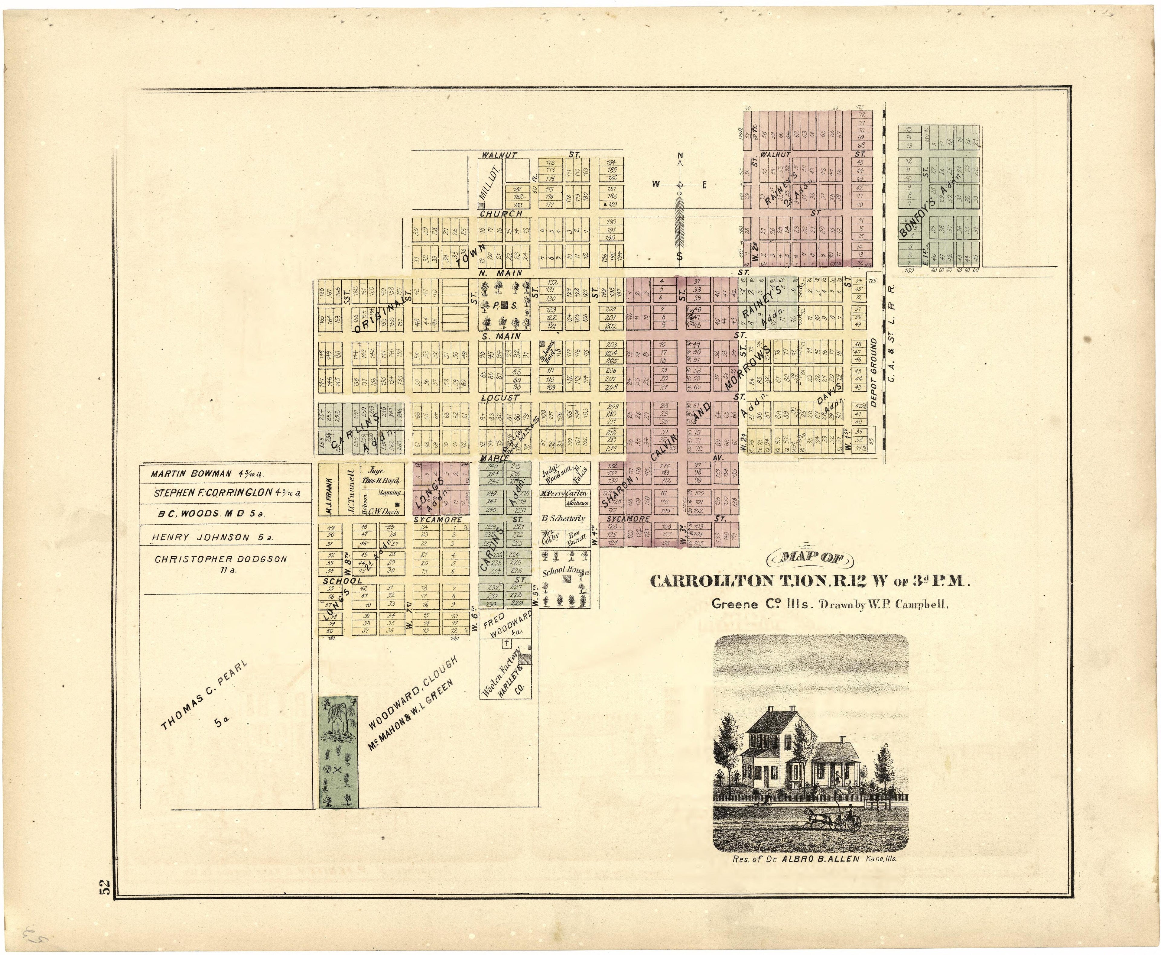 Map of Carrollton T.10 N. R.12 W of 3rd P.M. from Atlas Map of Greene County, Illinois 1873 by Relic Map Company