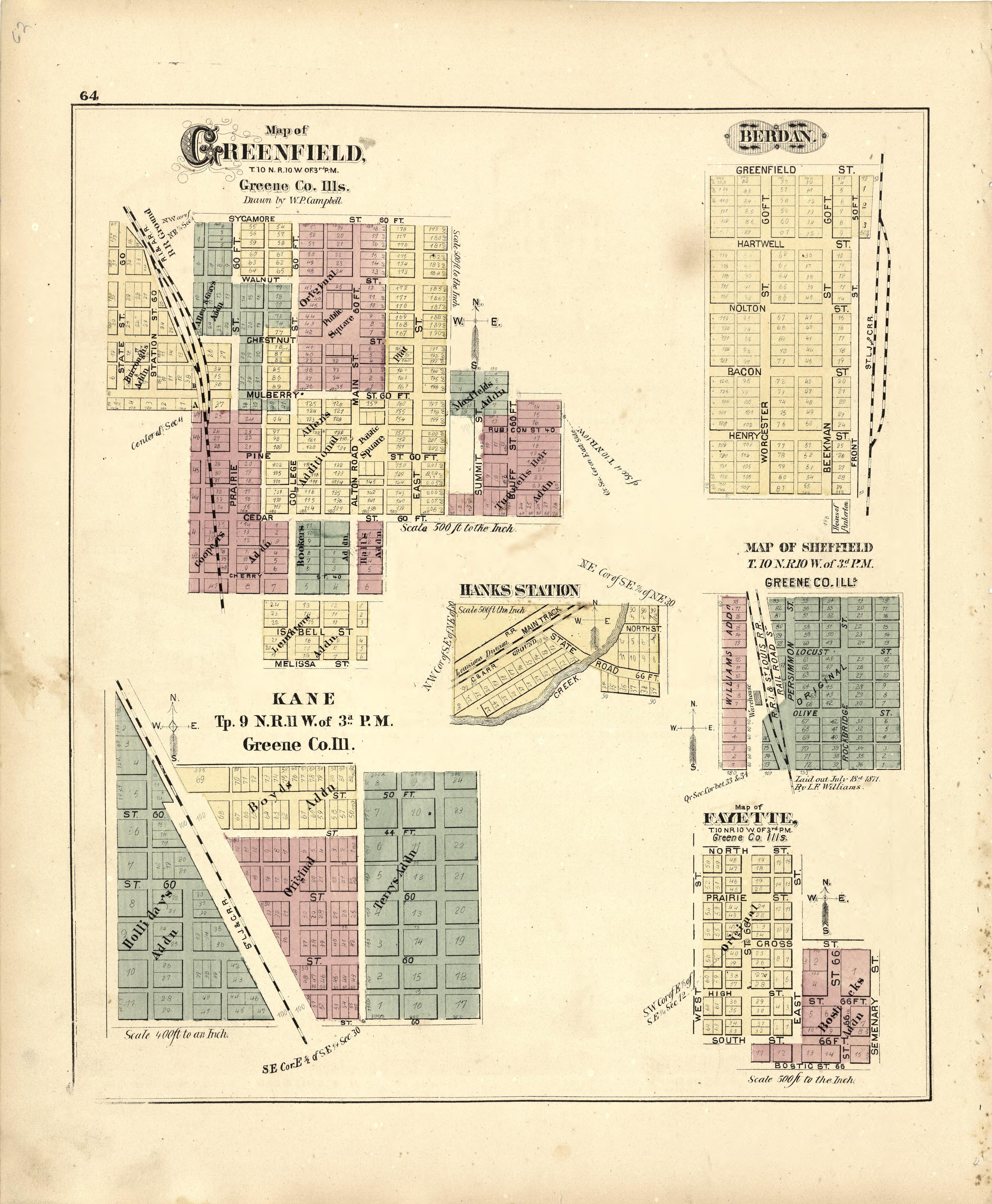 Map of Greenfield from Atlas Map of Greene County, Illinois 1873 by Relic Map Company