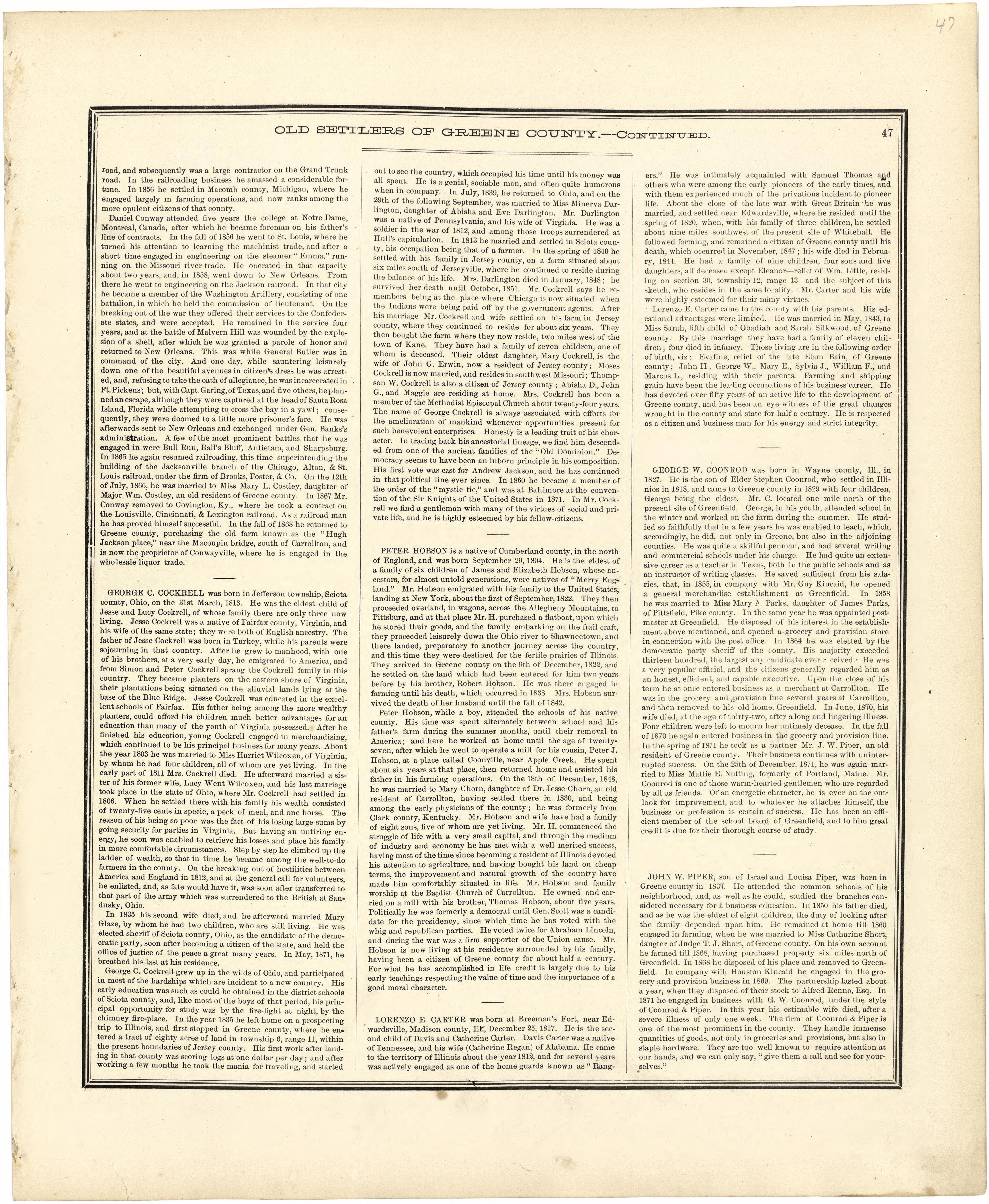 Old Settlers of Greene County, Illinois -- Continued from Atlas Map of Greene County, Illinois 1873 by Relic Map Company