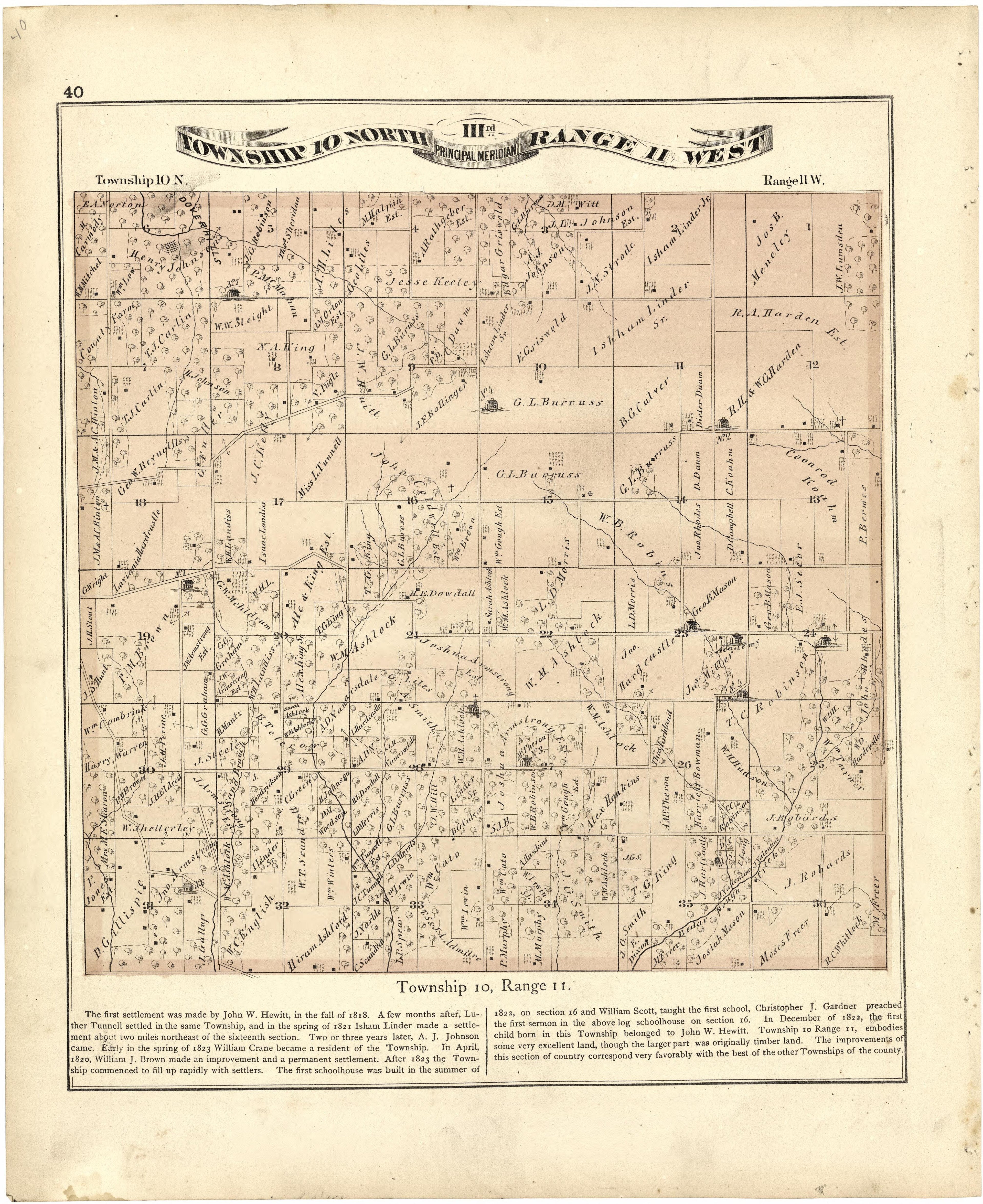 Township 10 North Range 11 West from Atlas Map of Greene County, Illinois 1873 by Relic Map Company