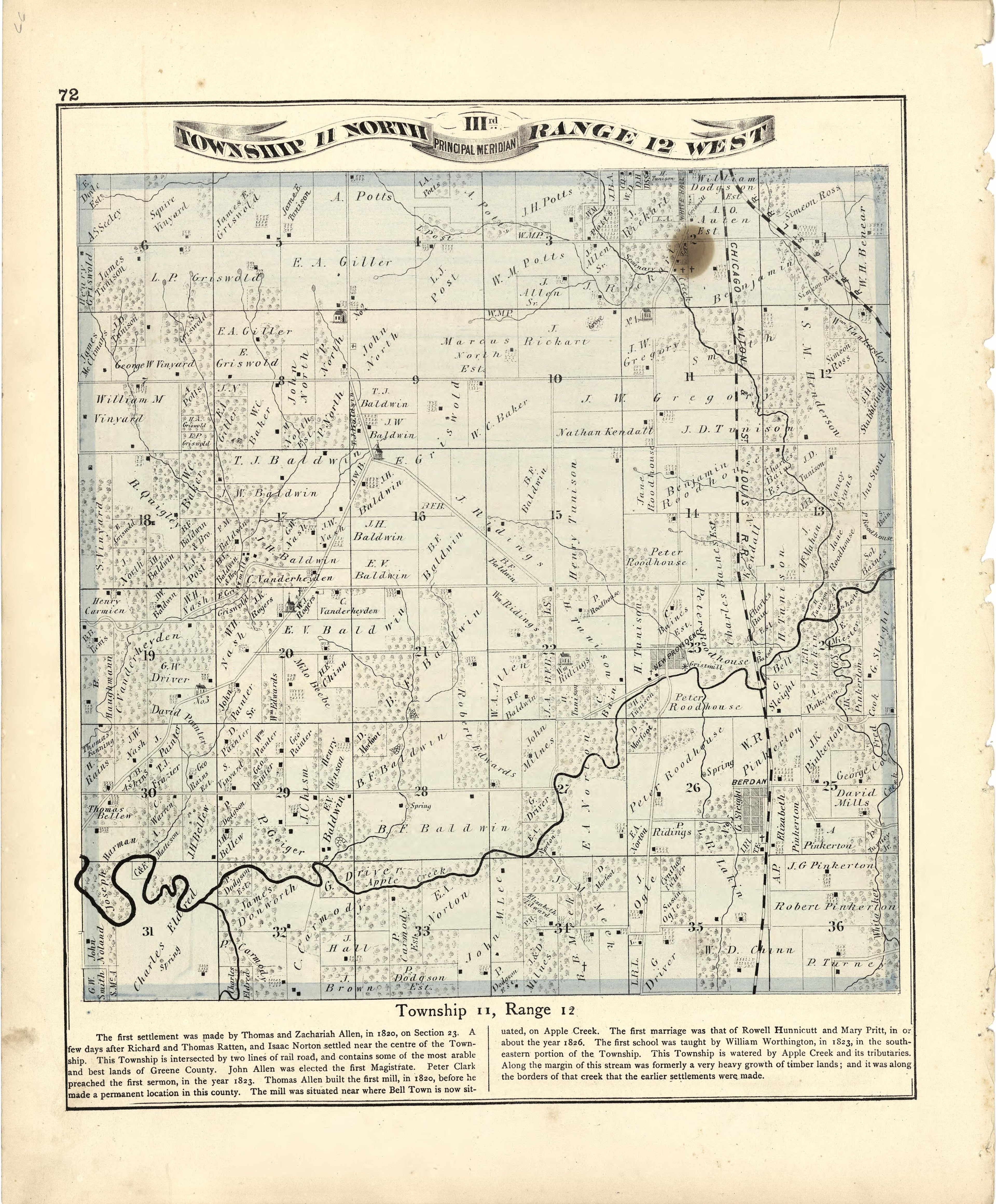 Township 11 North Range 12 W from Atlas Map of Greene County, Illinois 1873 by Relic Map Company