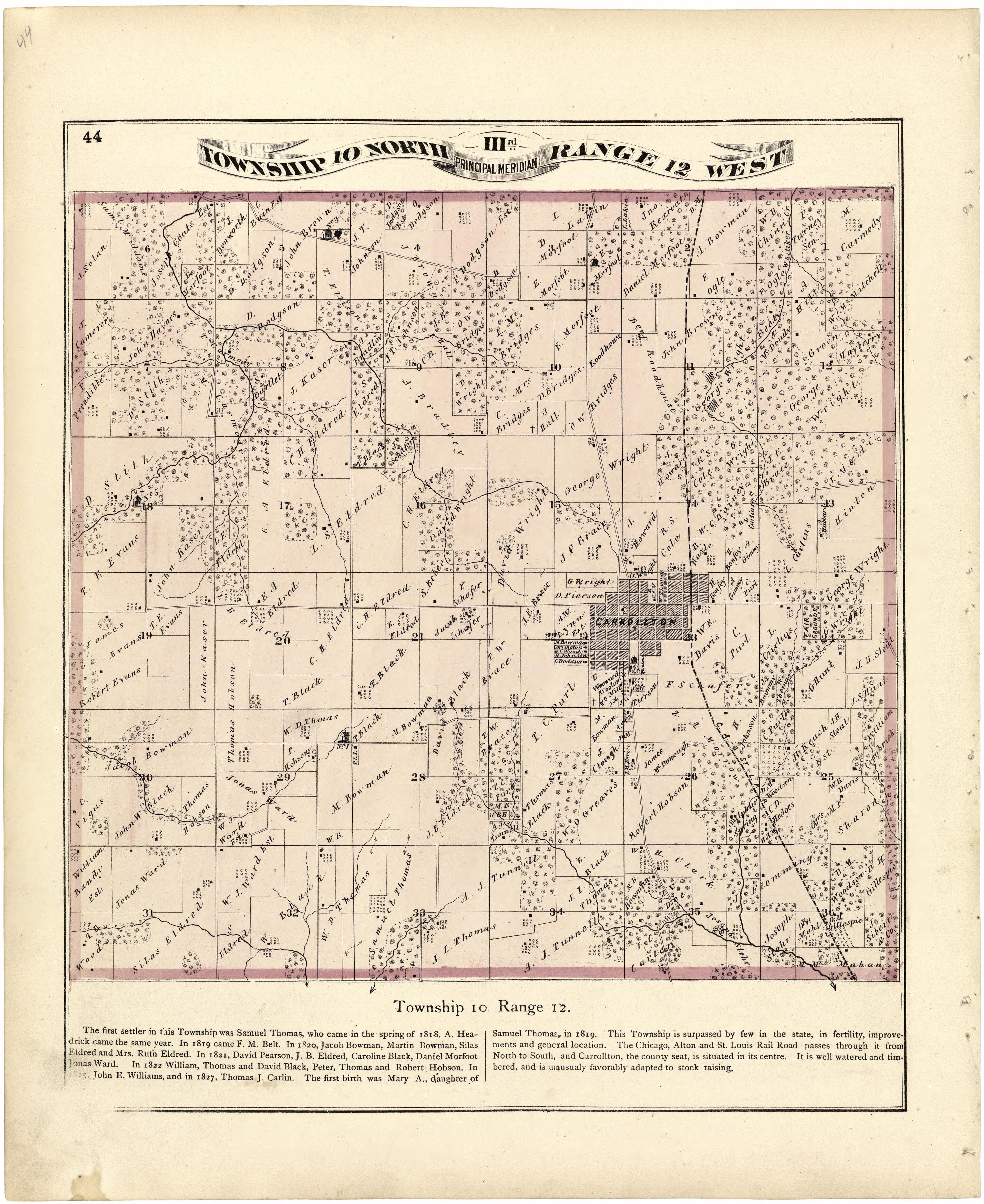 Township 10 North Range 12 West from Atlas Map of Greene County, Illinois 1873 by Relic Map Company