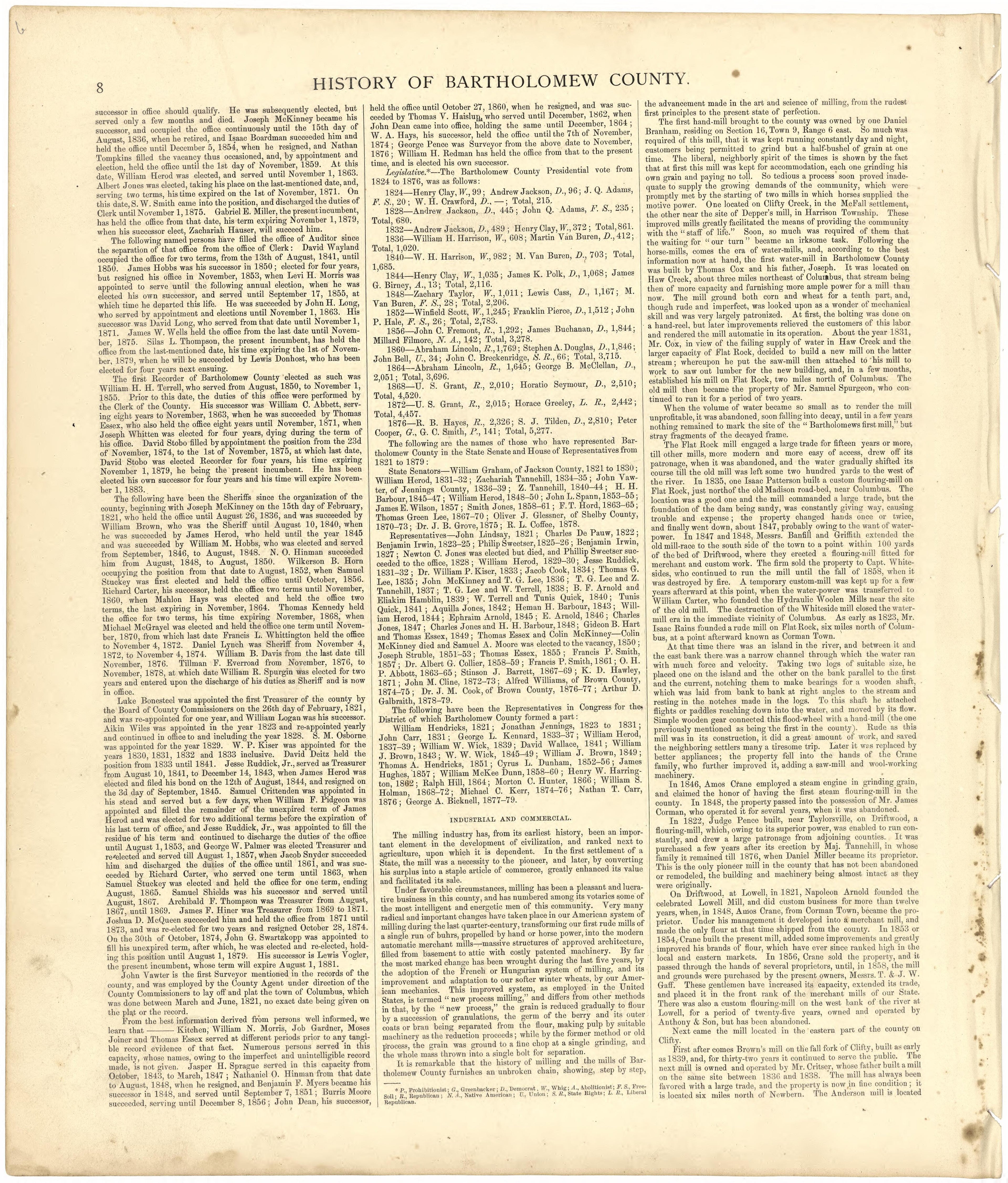 History of Bartholomew County from Atlas of Bartholomew County, Indiana : to Which Are Added Various General Maps, History, Statistics, Illustrations, & C. & C. & C 1879 by Relic Map Company