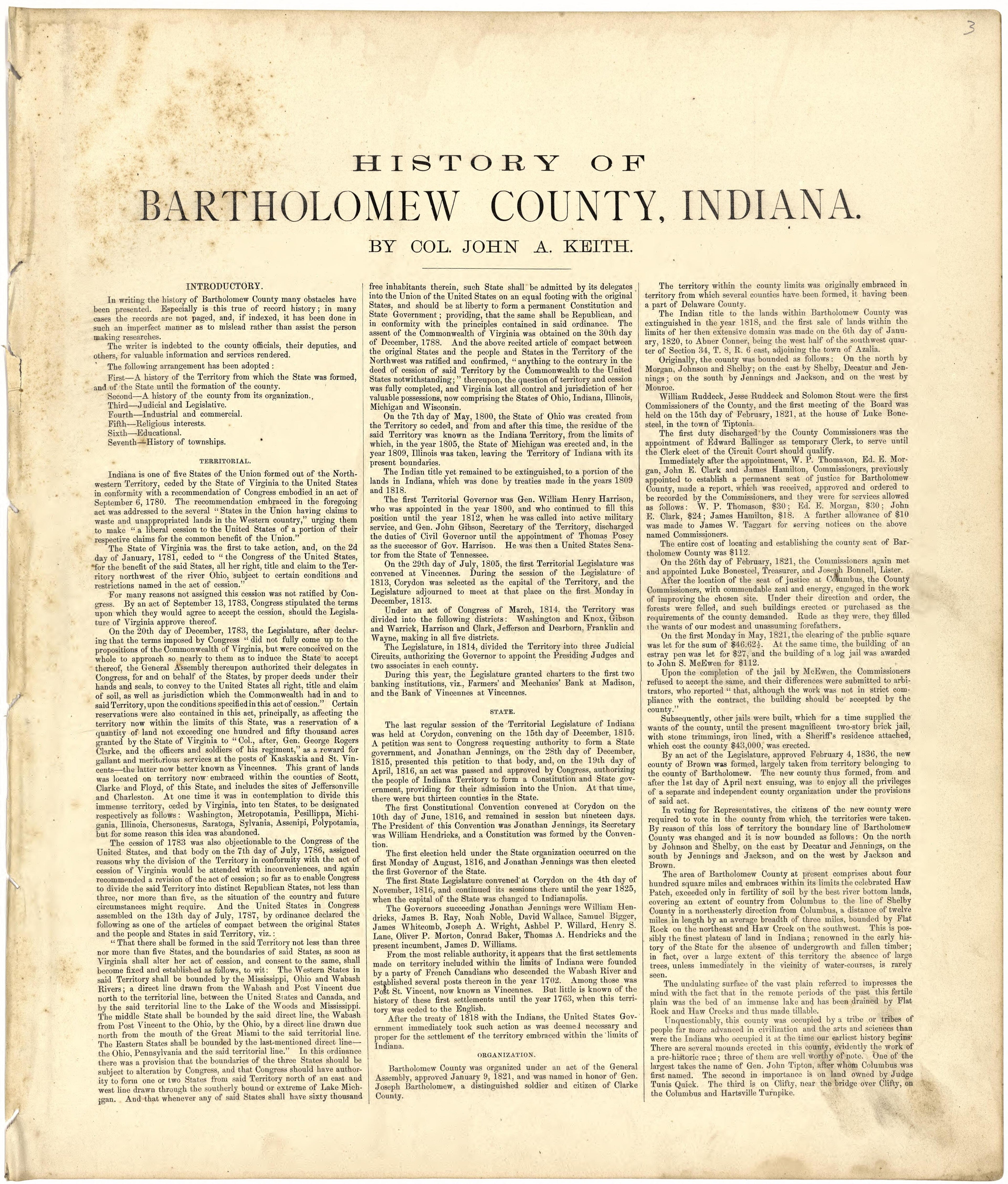 History of Bartholomew County, Indiana from Atlas of Bartholomew County, Indiana : to Which Are Added Various General Maps, History, Statistics, Illustrations, & C. & C. & C 1879 by Relic Map Company