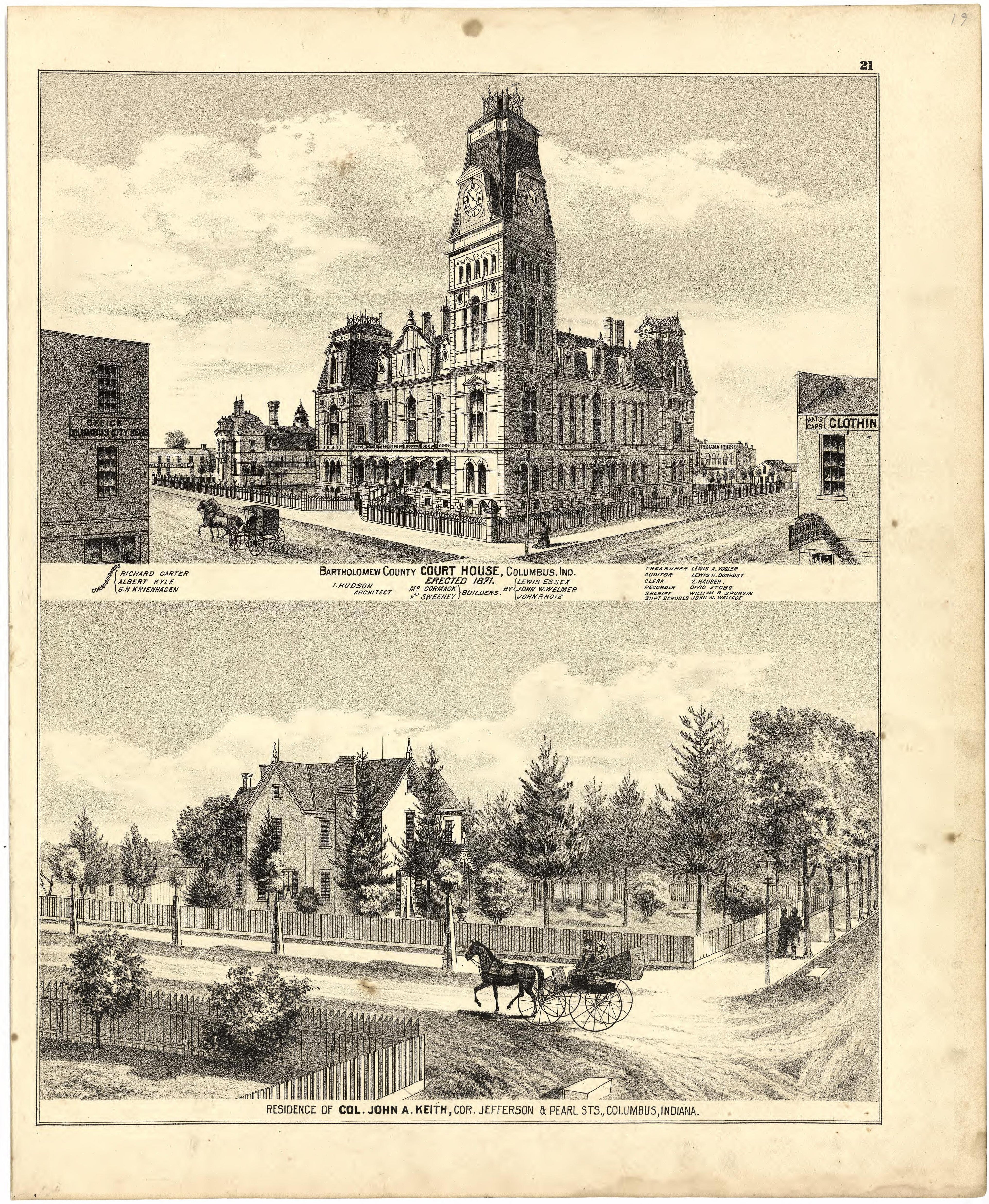 Bartholomew County Court House; Residence of Col. John A. Keith from Atlas of Bartholomew County, Indiana : to Which Are Added Various General Maps, History, Statistics, Illustrations, & C. & C. & C 1879 by Relic Map Company