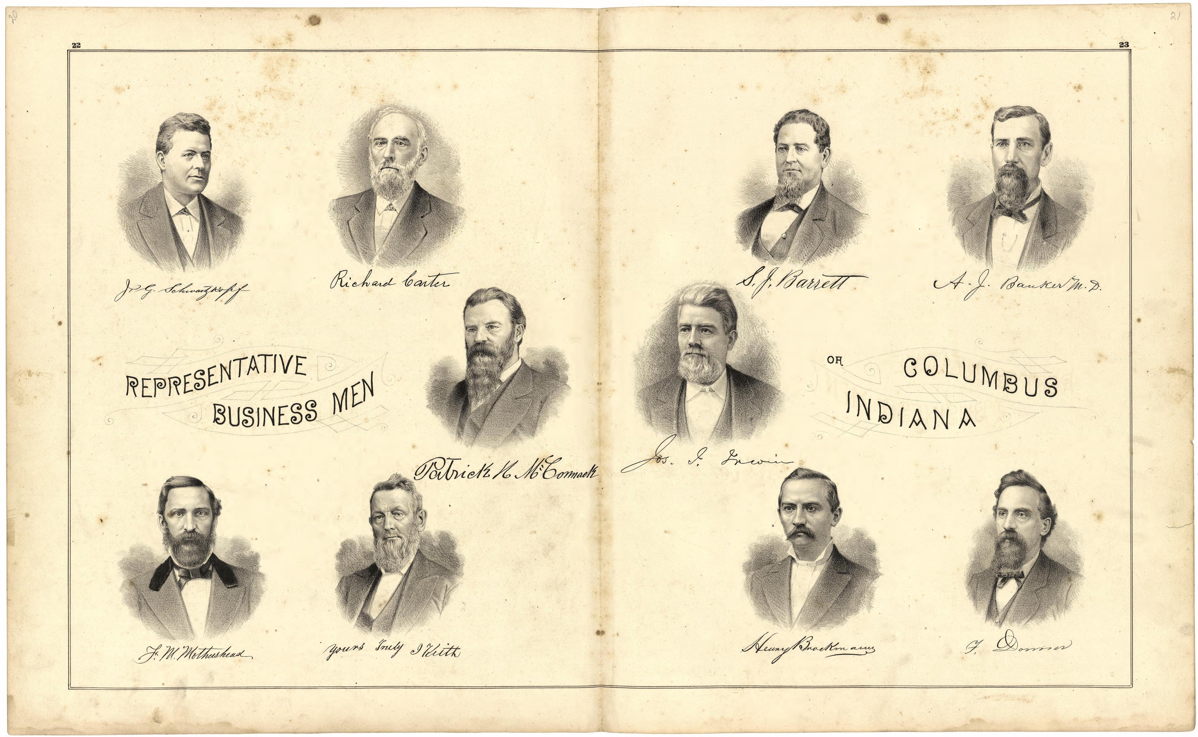 Representative Business Men of Columbus, Indiana from Atlas of Bartholomew County, Indiana : to Which Are Added Various General Maps, History, Statistics, Illustrations, & C. & C. & C 1879 by Relic Map Company