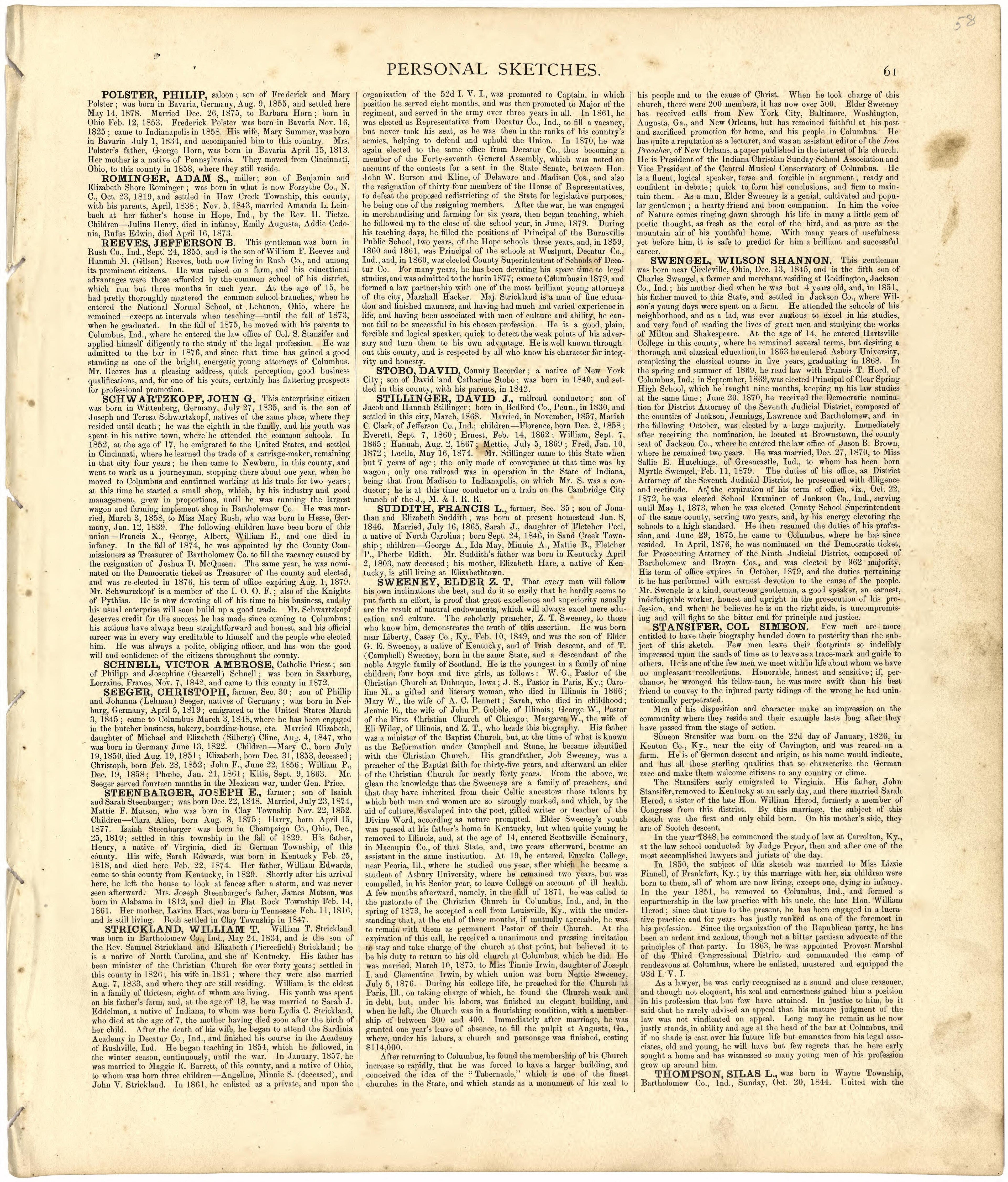 Personal Sketches from Atlas of Bartholomew County, Indiana : to Which Are Added Various General Maps, History, Statistics, Illustrations, & C. & C. & C 1879 by Relic Map Company