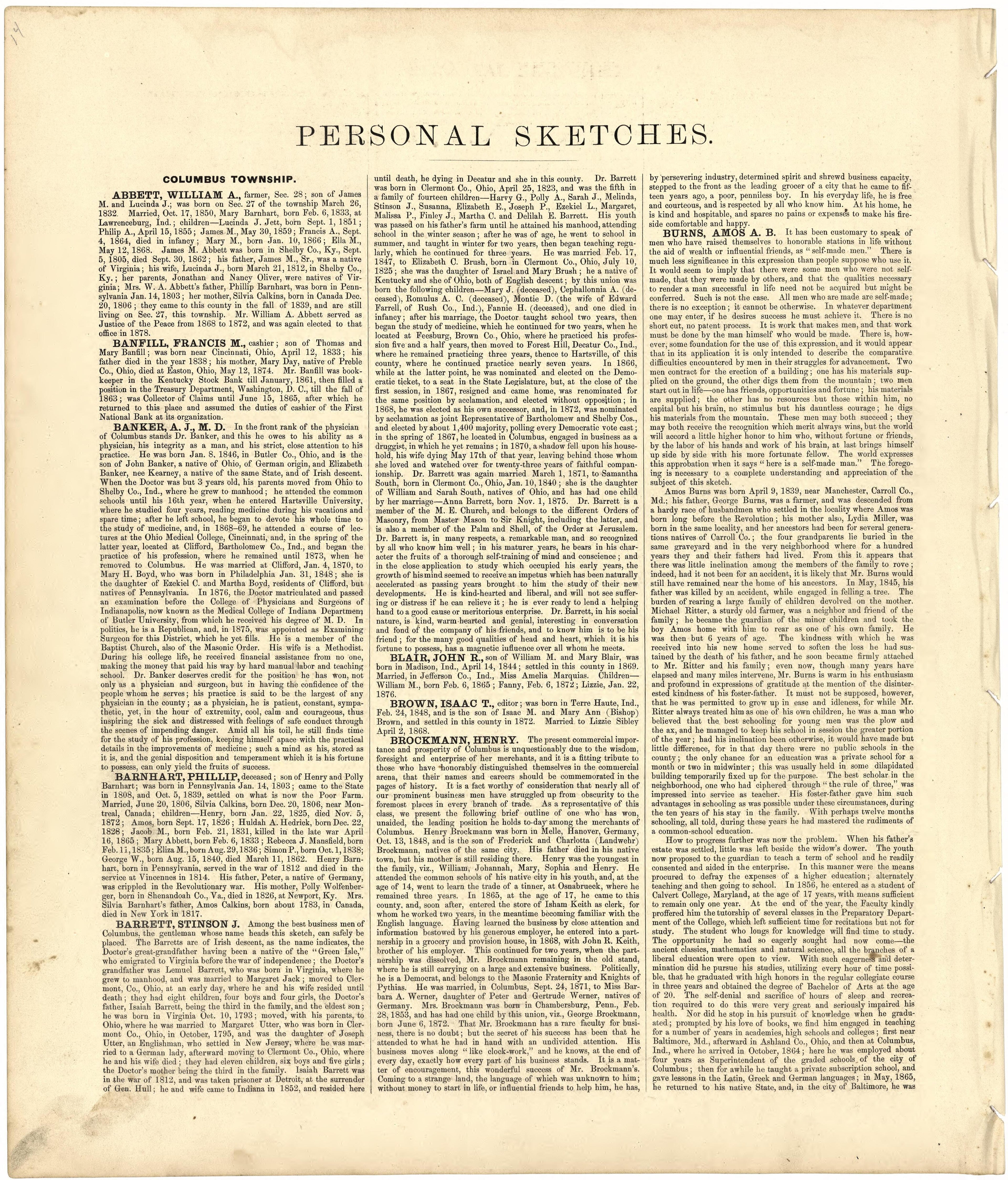 Personal Sketches from Atlas of Bartholomew County, Indiana : to Which Are Added Various General Maps, History, Statistics, Illustrations, & C. & C. & C 1879 by Relic Map Company