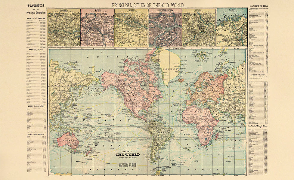 Principal Cities of the Old World; Chart of the World from the Revised Montgomery County Atlas : Containing, Besides a Complete Atlas, Histories of the Townships and County and Treatises On Civil Government, Surveying and Civil Engineering 1898 by Relic Map Company