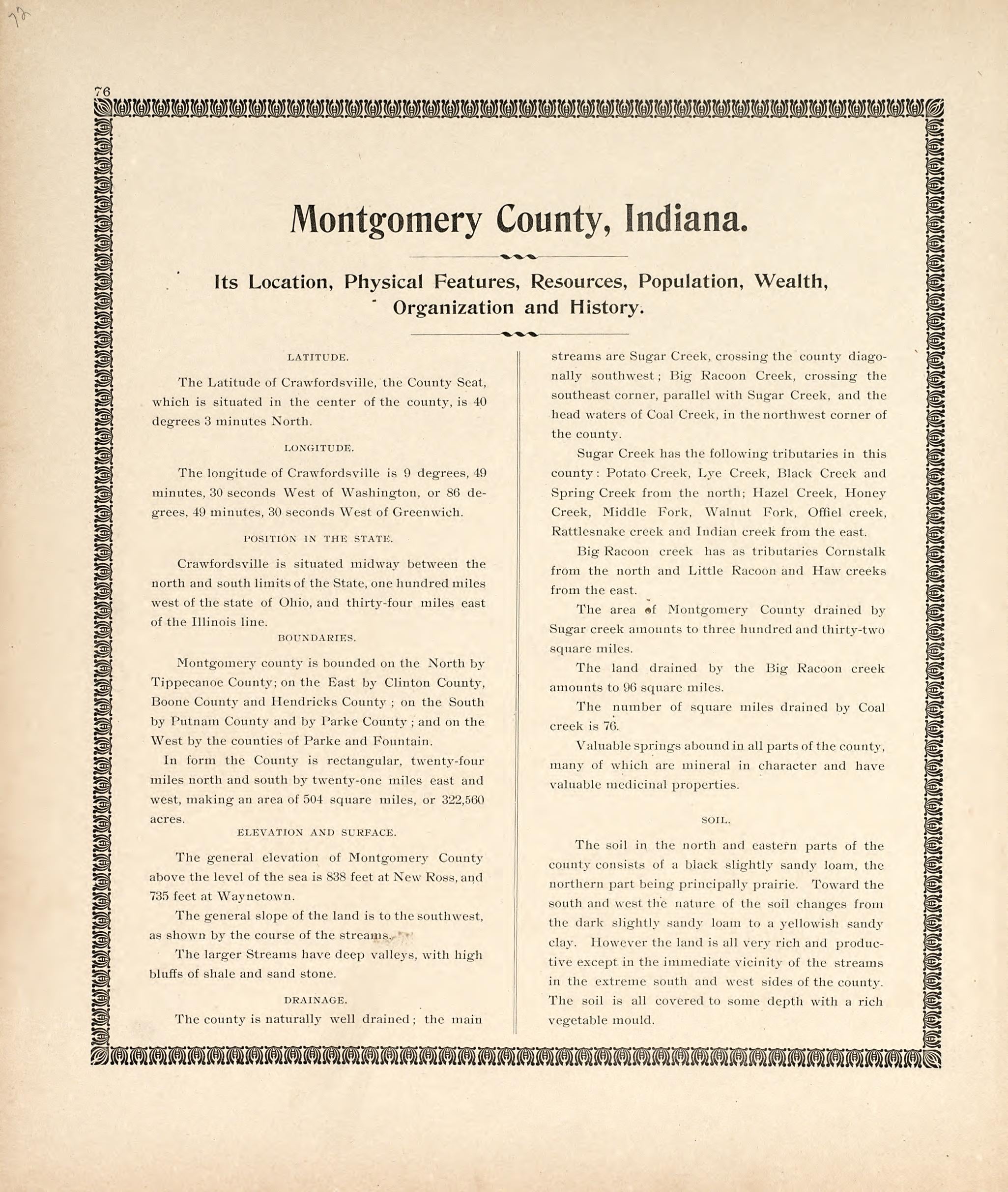 Montgomery County, Indiana from the Revised Montgomery County Atlas : Containing, Besides a Complete Atlas, Histories of the Townships and County and Treatises On Civil Government, Surveying and Civil Engineering 1898 by Relic Map Company