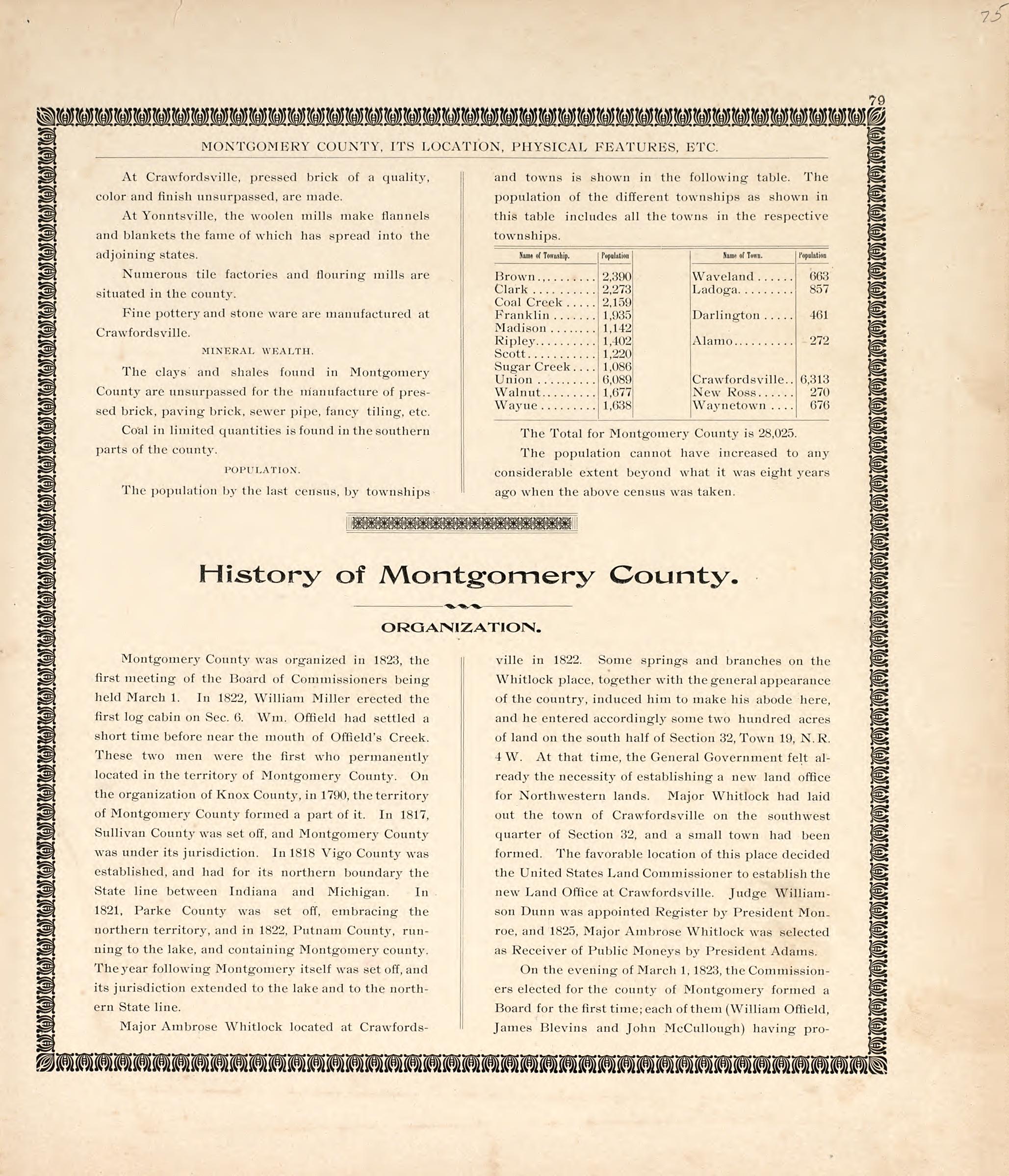 Montgomery County, Indiana, Cont.; History of Montgomery County from the Revised Montgomery County Atlas : Containing, Besides a Complete Atlas, Histories of the Townships and County and Treatises On Civil Government, Surveying and Civil Engineering 1898 by Relic Map Company