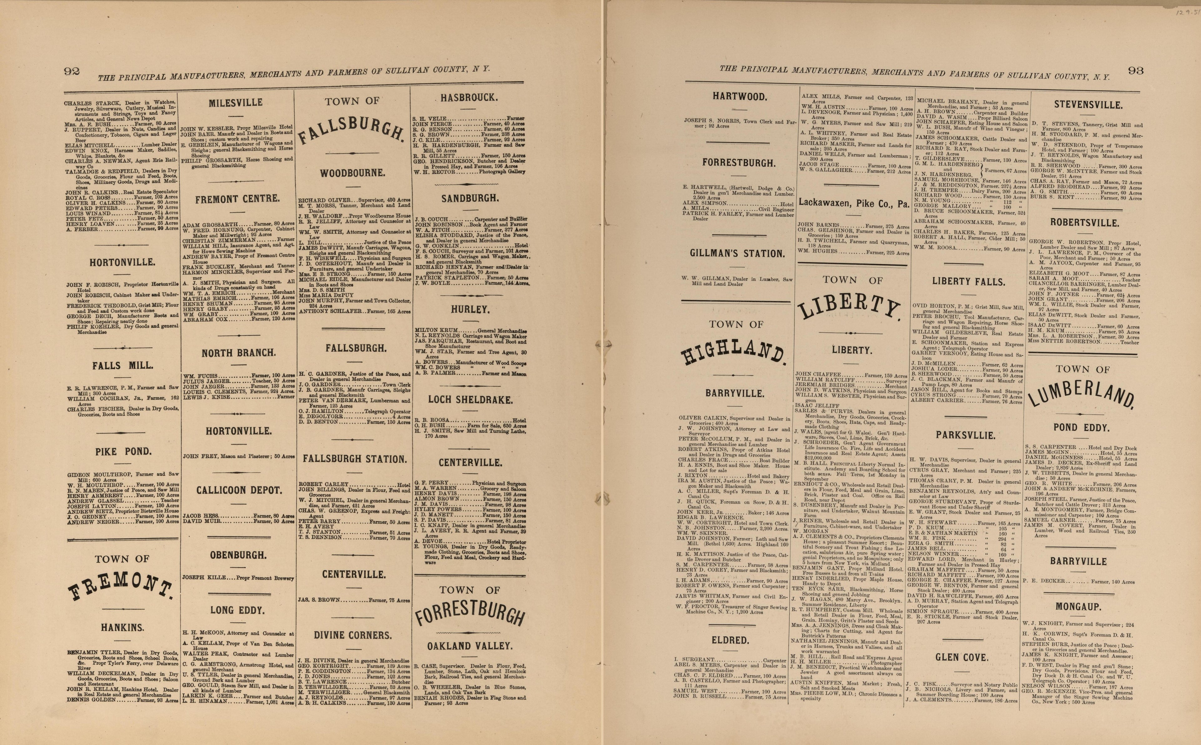 Principal Manufacturers, Merchants and Farmers of Sullivan County, New York from County Atlas of Sullivan, New York 1875 by Relic Map Company