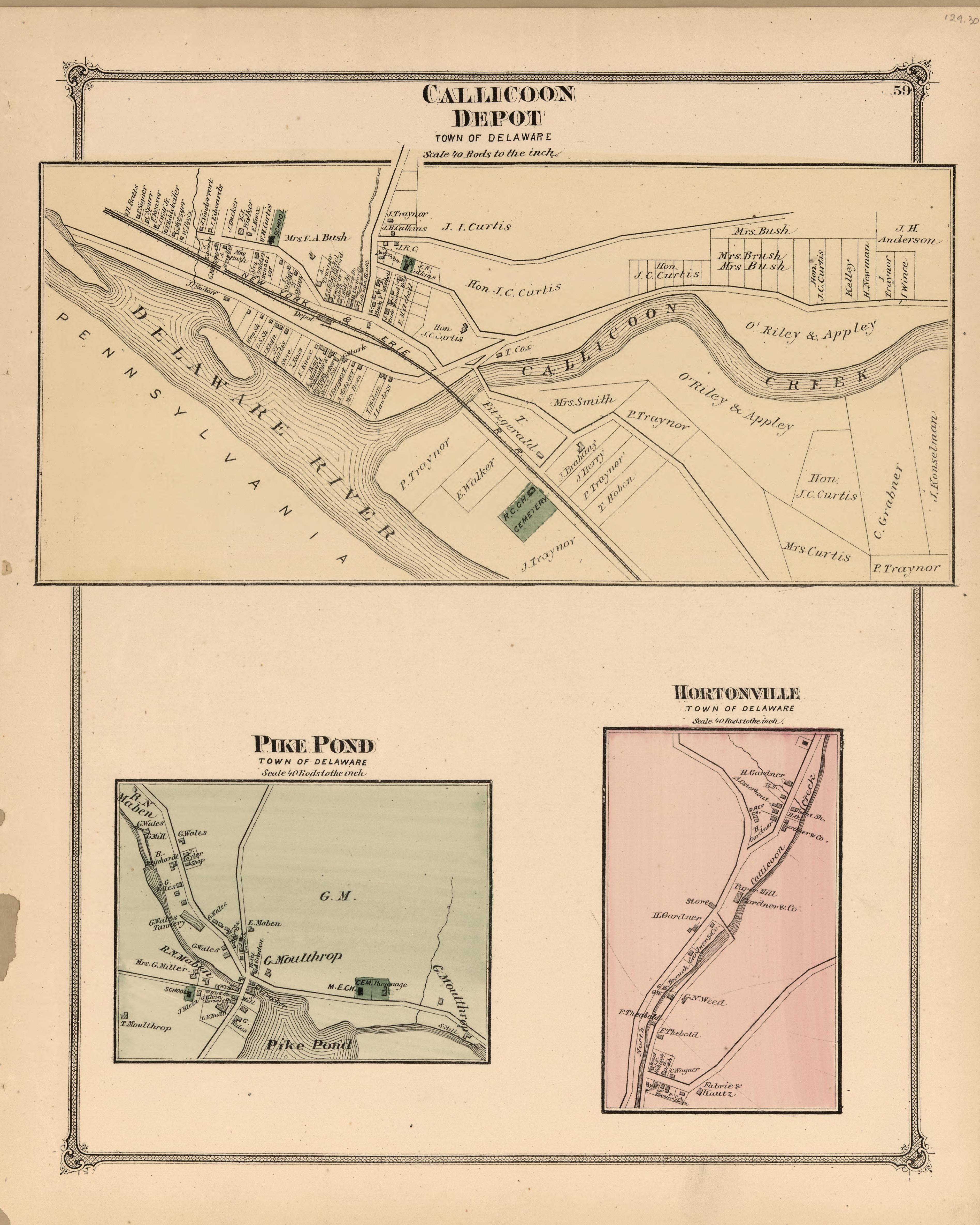 Callicoon Depot, Pike Pond, Hortonville from County Atlas of Sullivan, New York 1875 by Relic Map Company